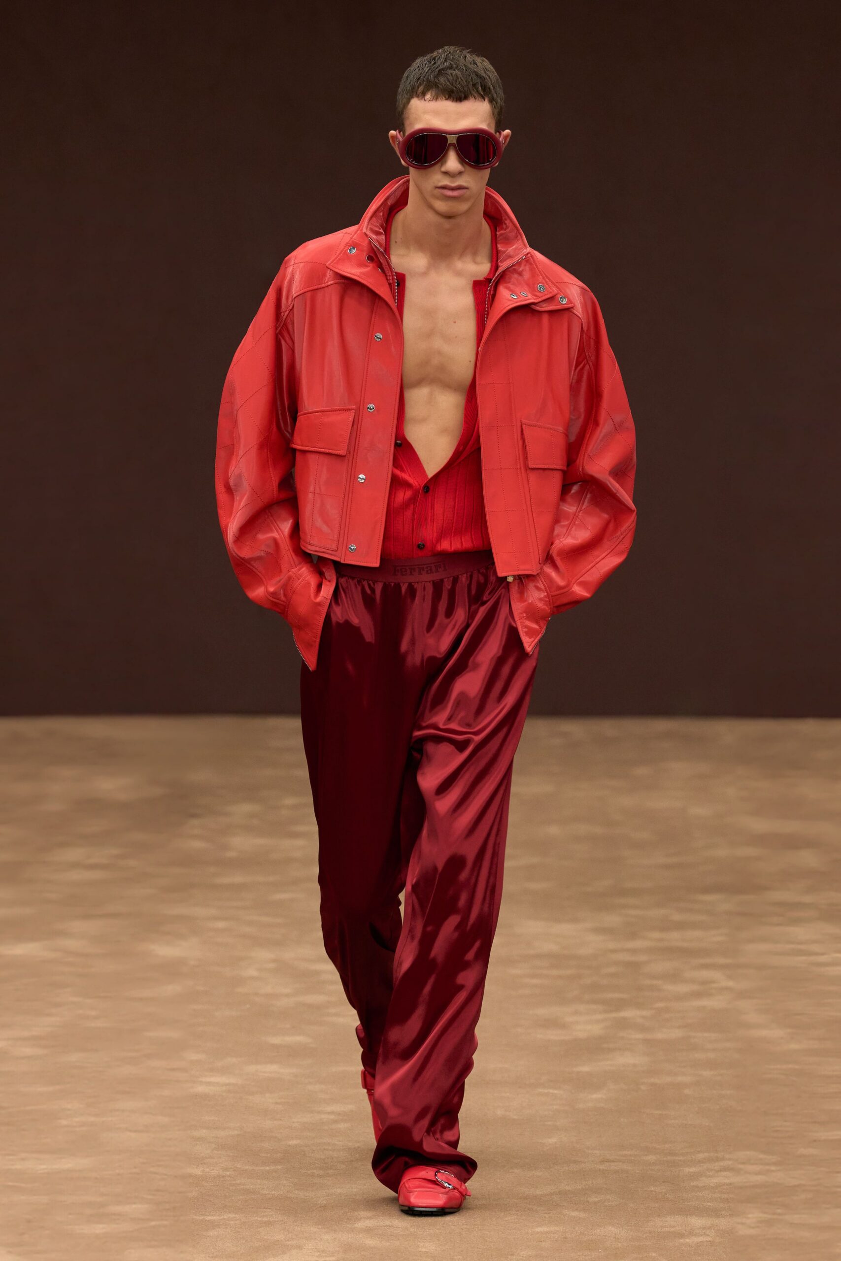red leather long-sleeve collared relaxed jacket