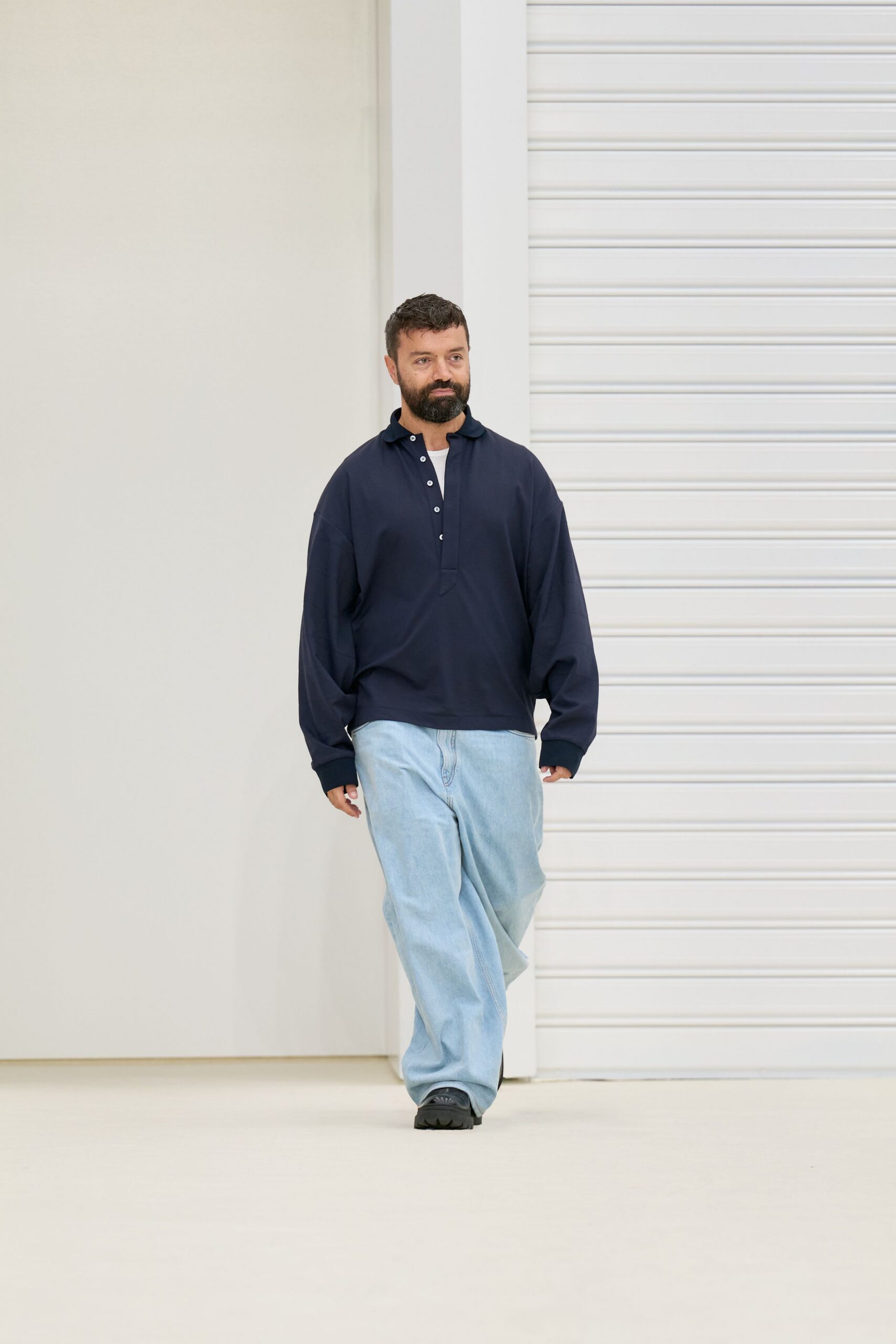 blue cotton long-sleeve collared oversized shirt