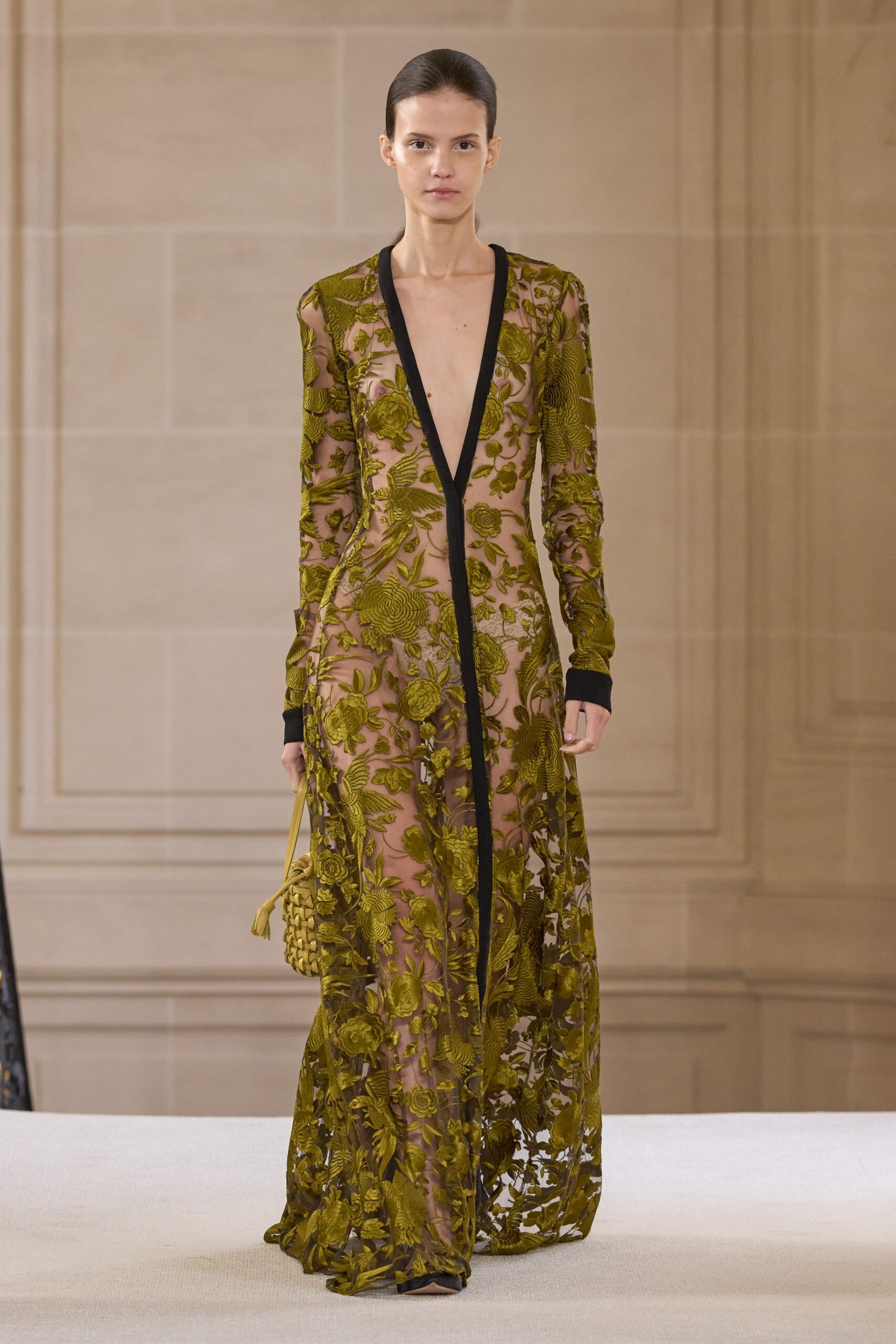 green lace long-sleeve v-neck fitted embroidered gown