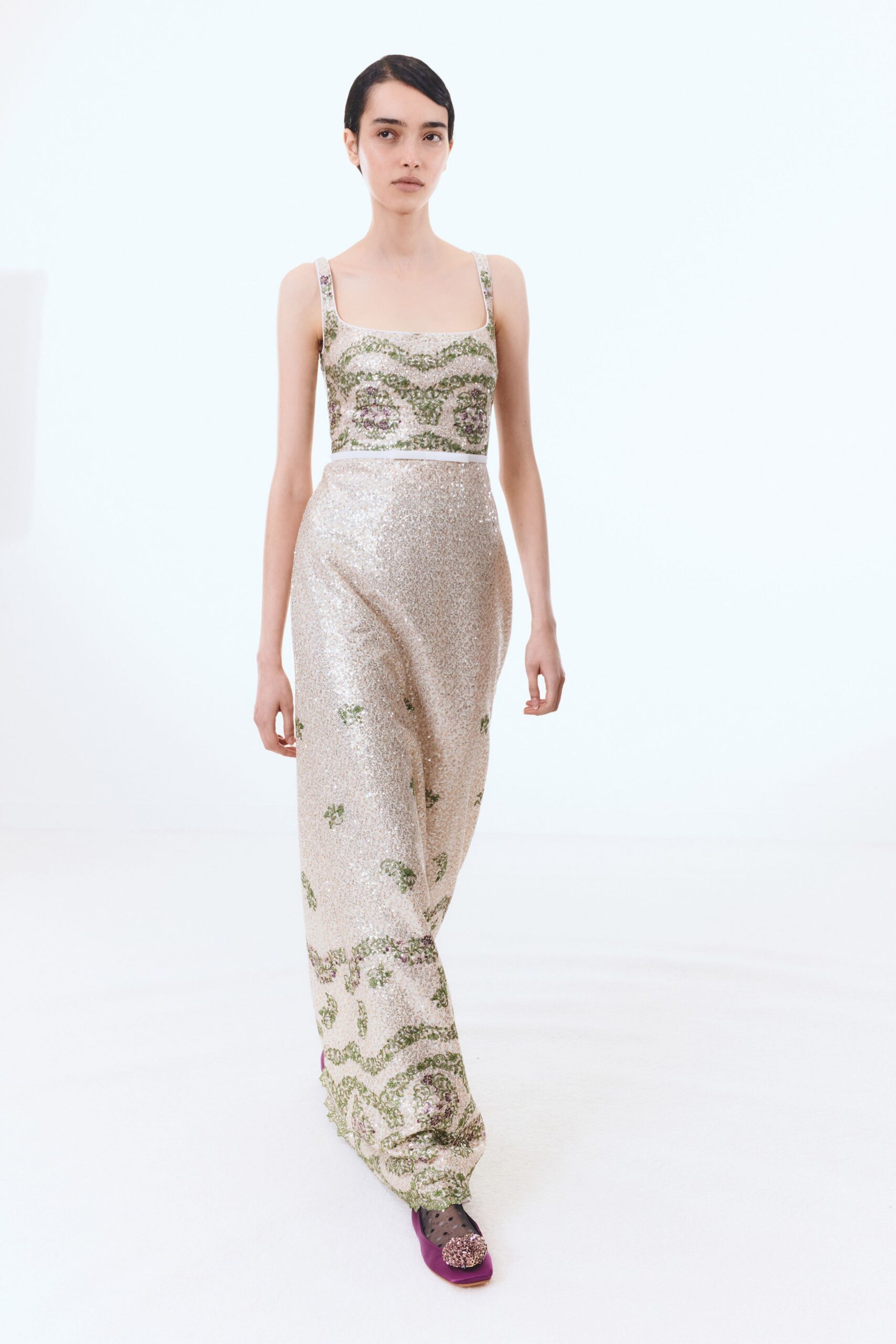 silver sequin embroidered gown