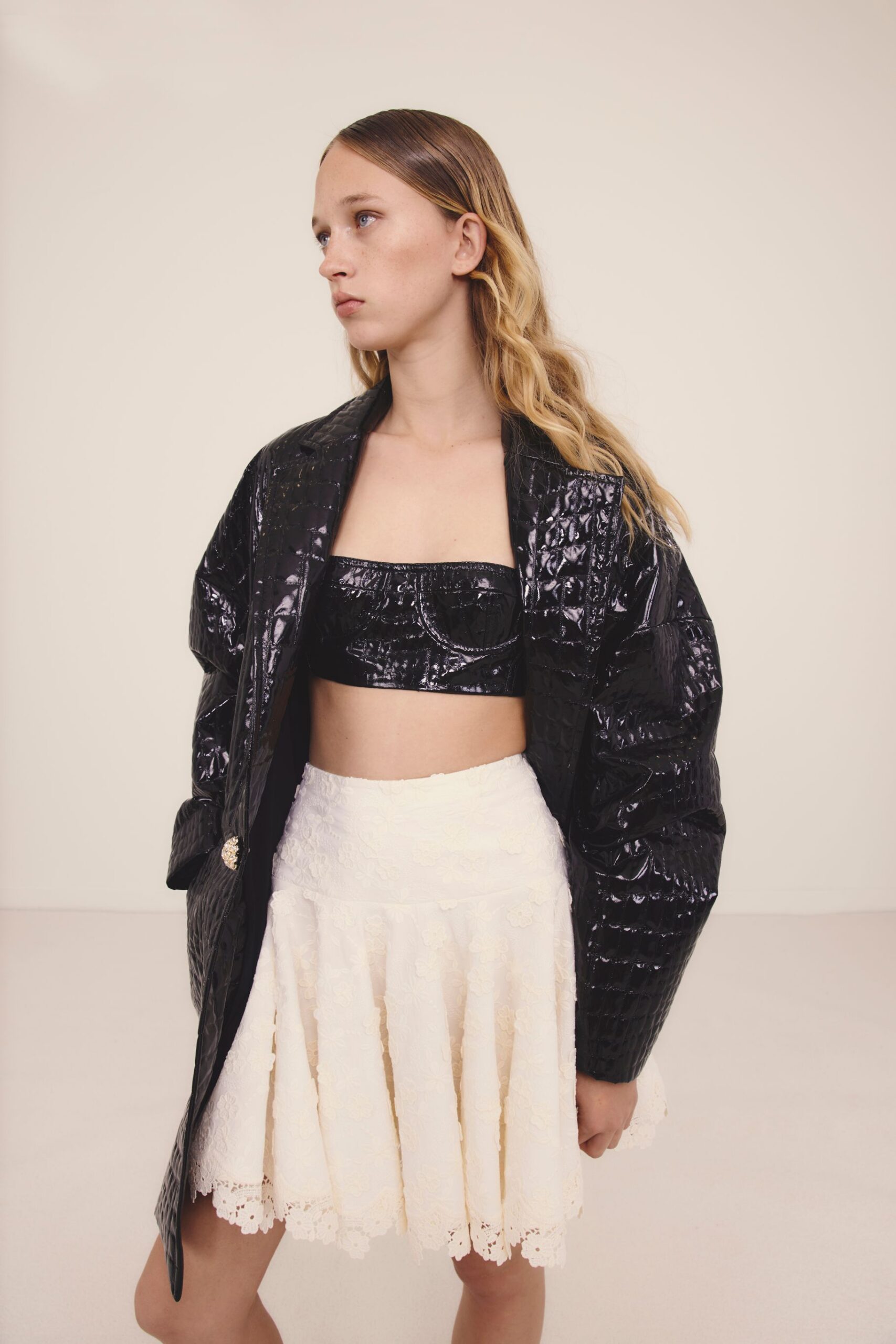 black leather long-sleeve oversized quilted jacket