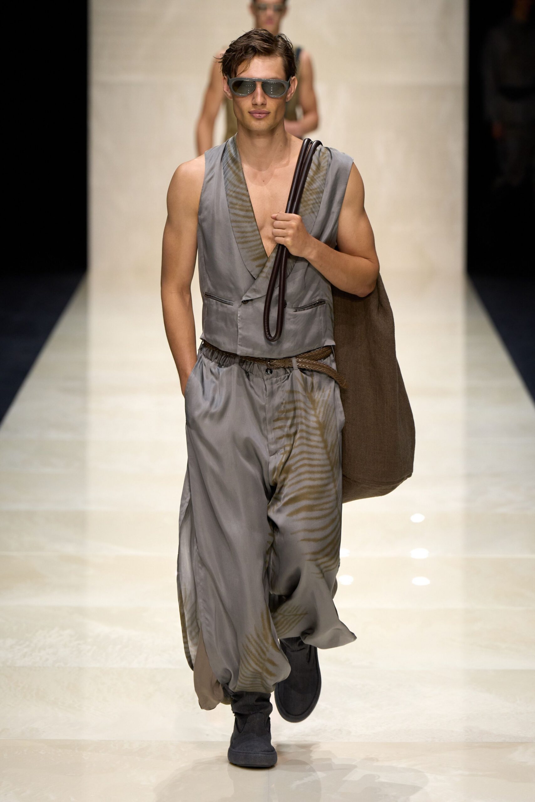 gray silk sleeveless v-neck relaxed draped flowing jumpsuit