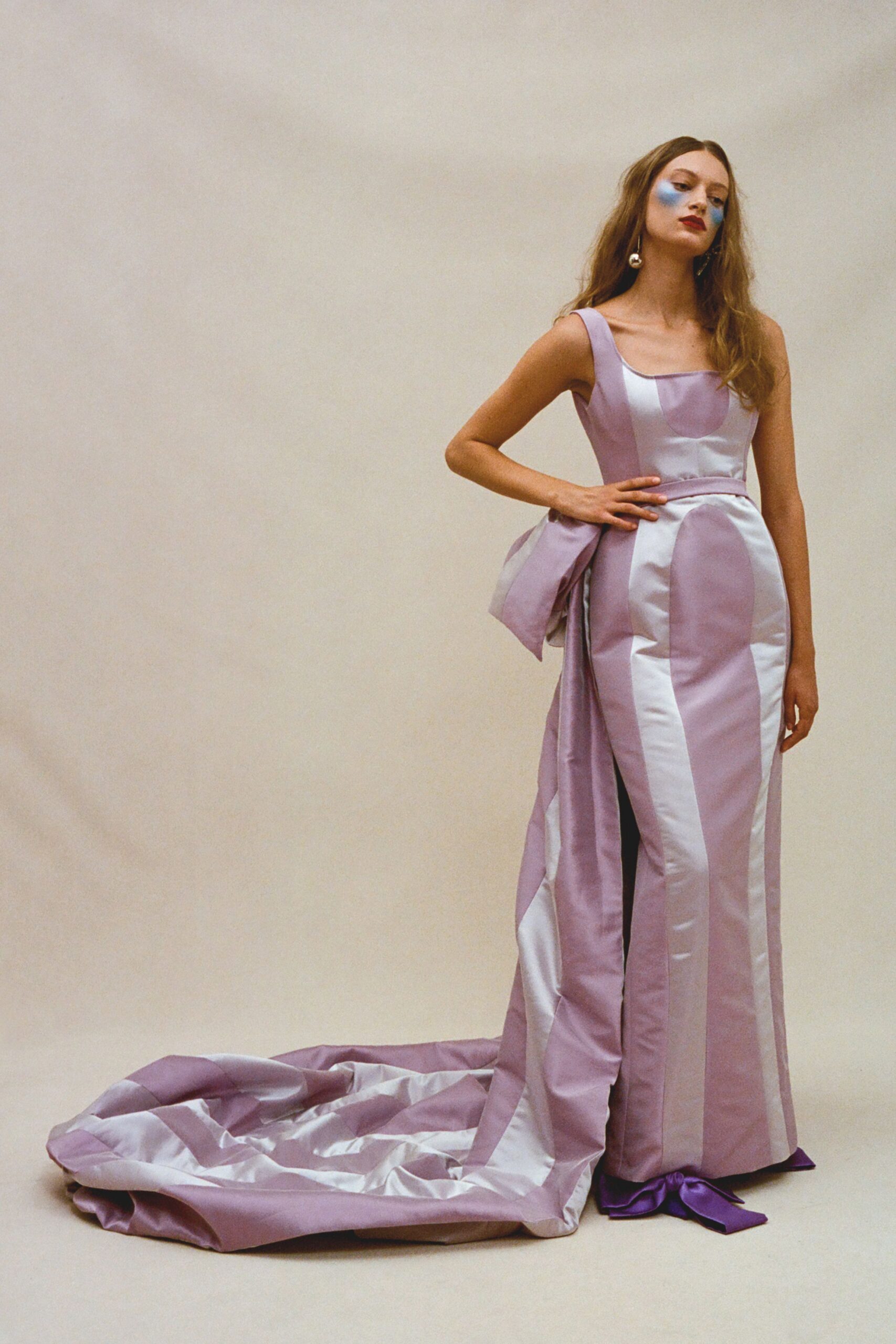 lavender satin sleeveless gown