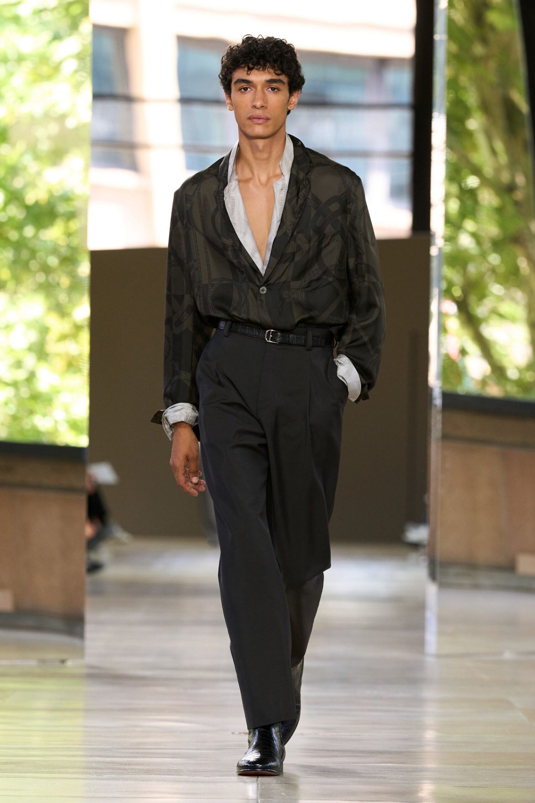 black silk long-sleeve collared relaxed buttoned shirt