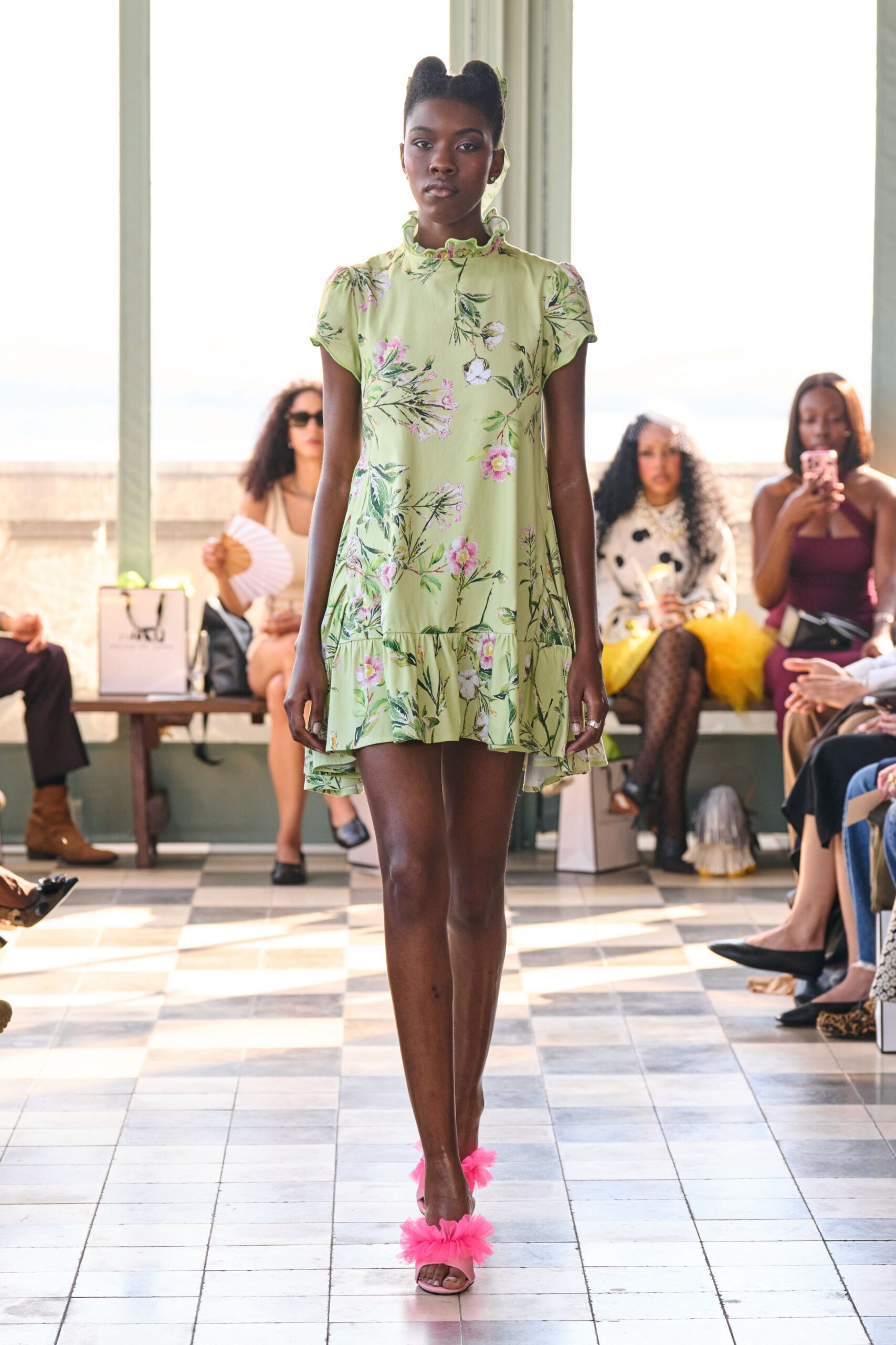 green cotton short-sleeve collared relaxed floral tiered dress