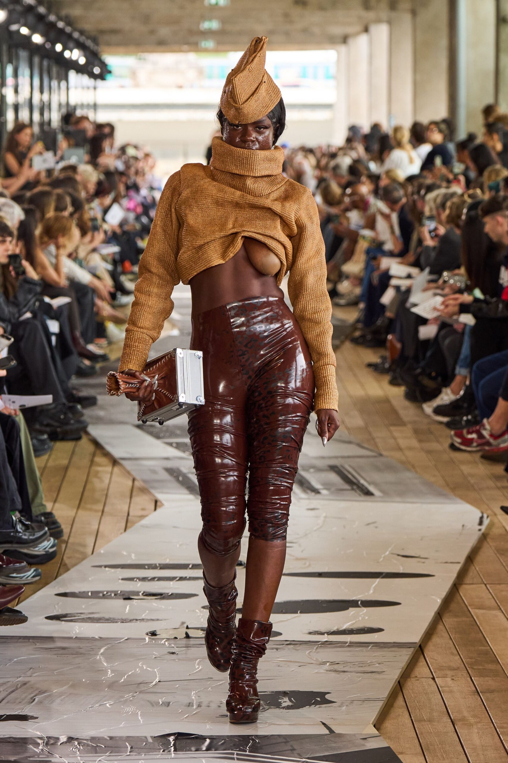 brown wool long-sleeve high-neck relaxed cropped sweater