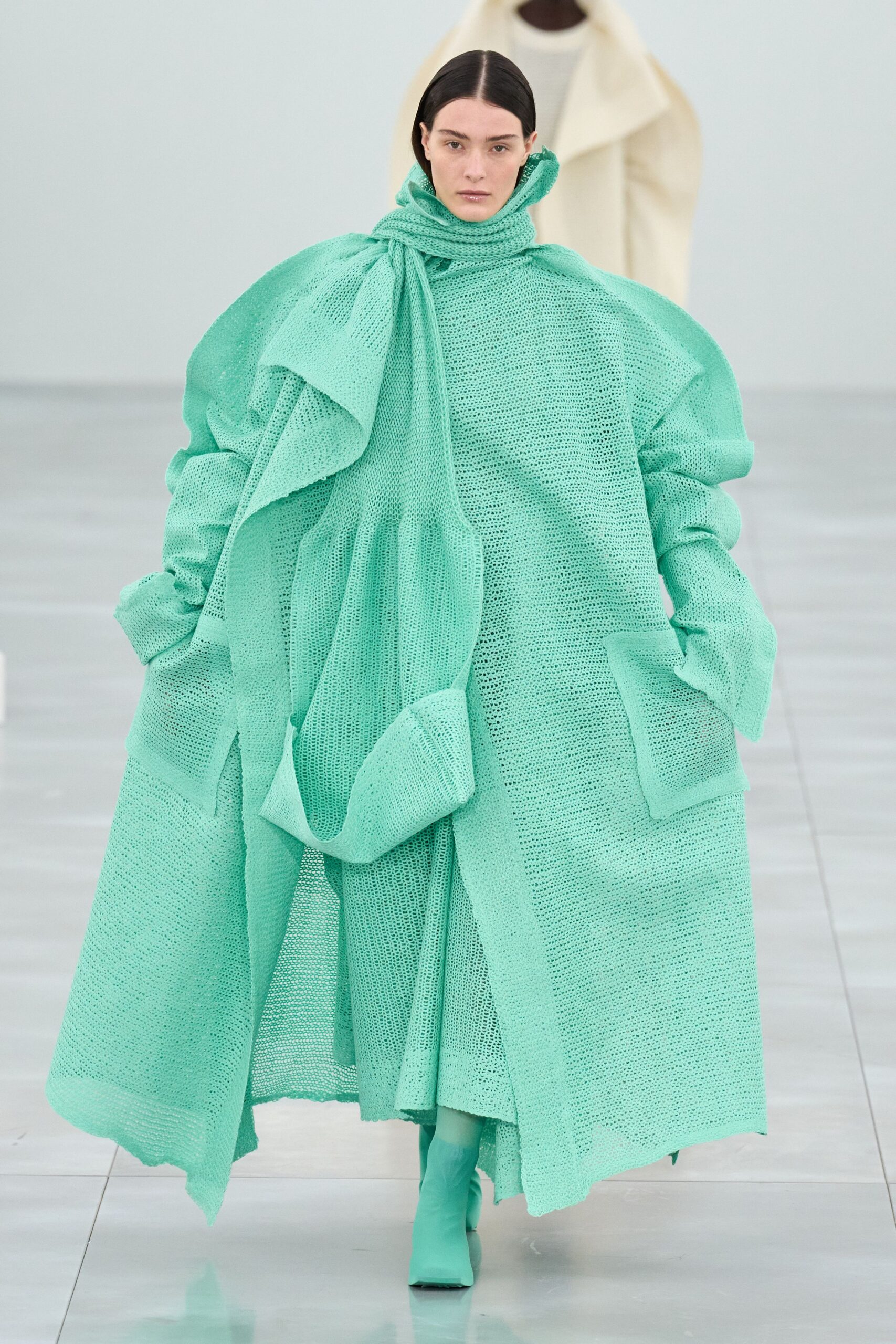 green cotton long-sleeve collared oversized layered draped coat