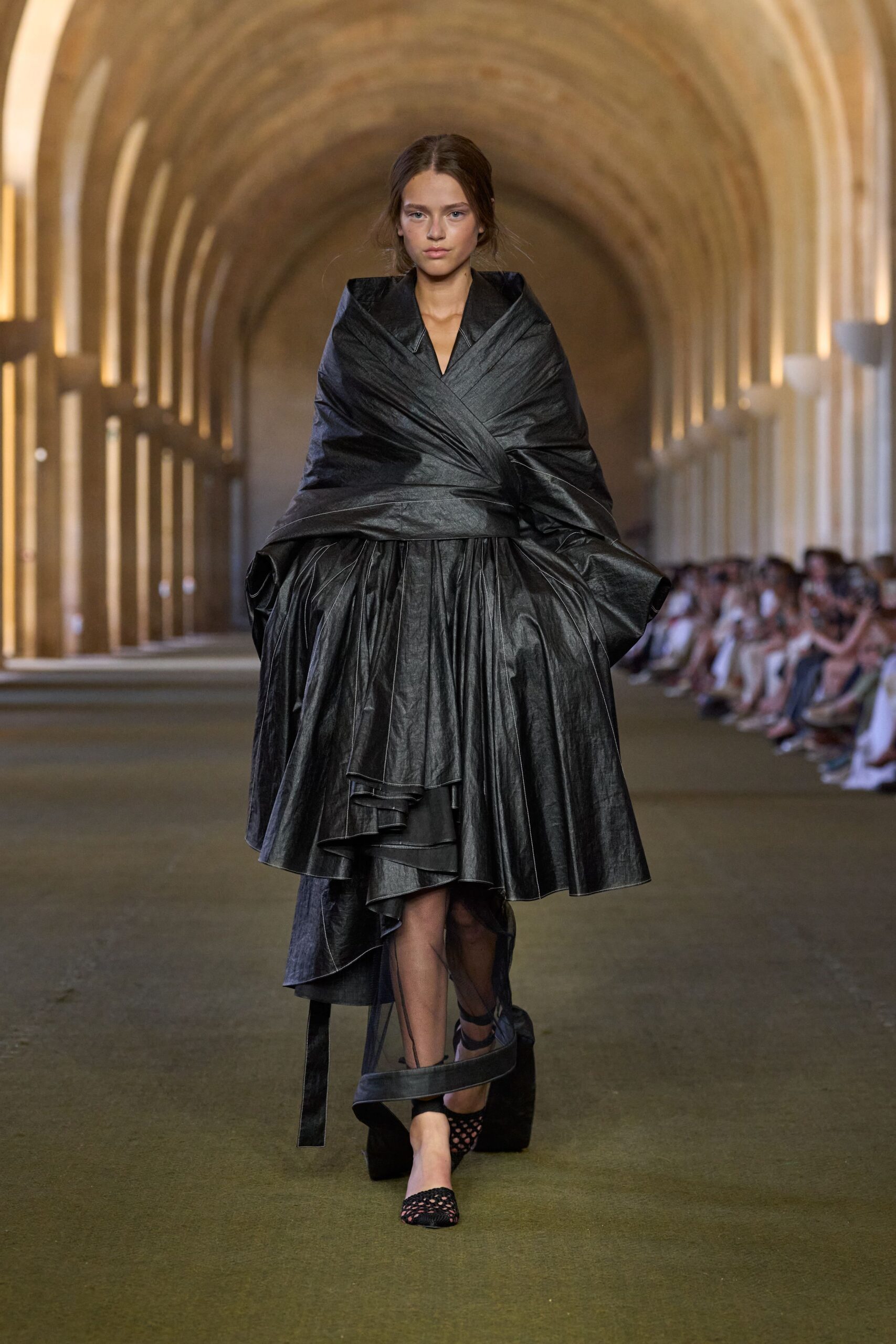 black leather long-sleeve v-neck fitted pleated midi dress