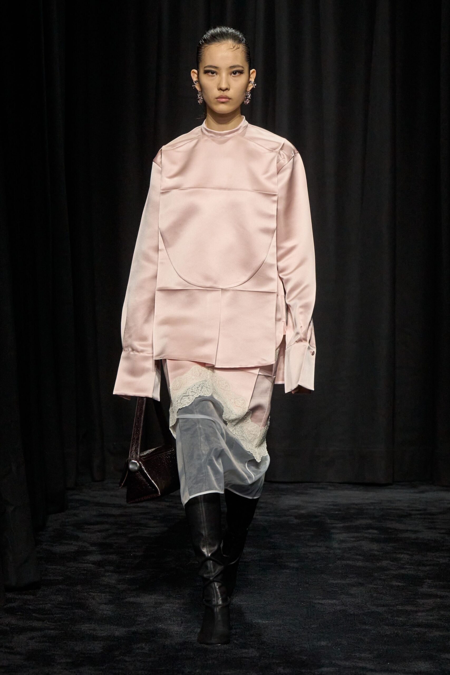 pink silk relaxed top with layered skirt