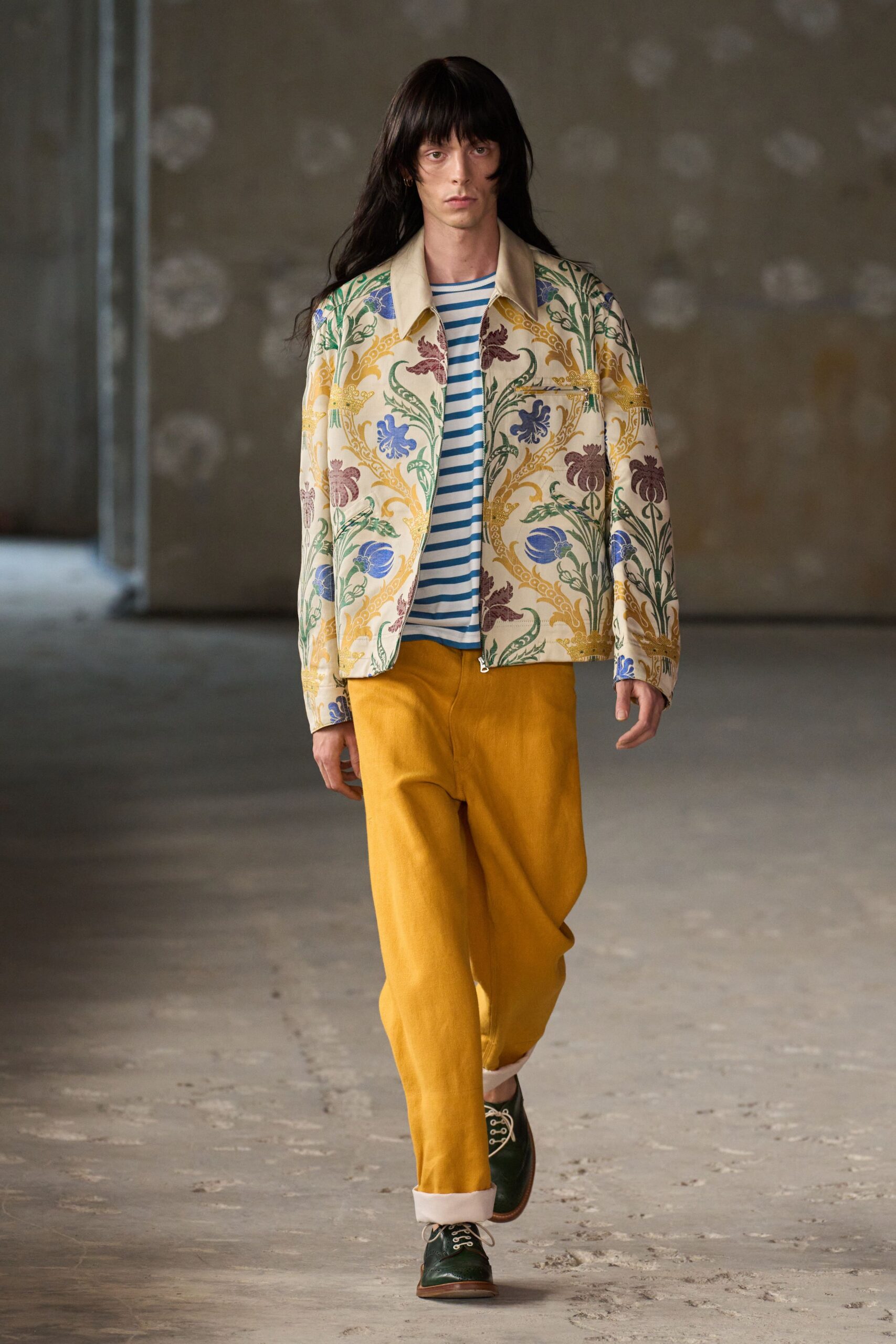 embroidered jacket with striped shirt