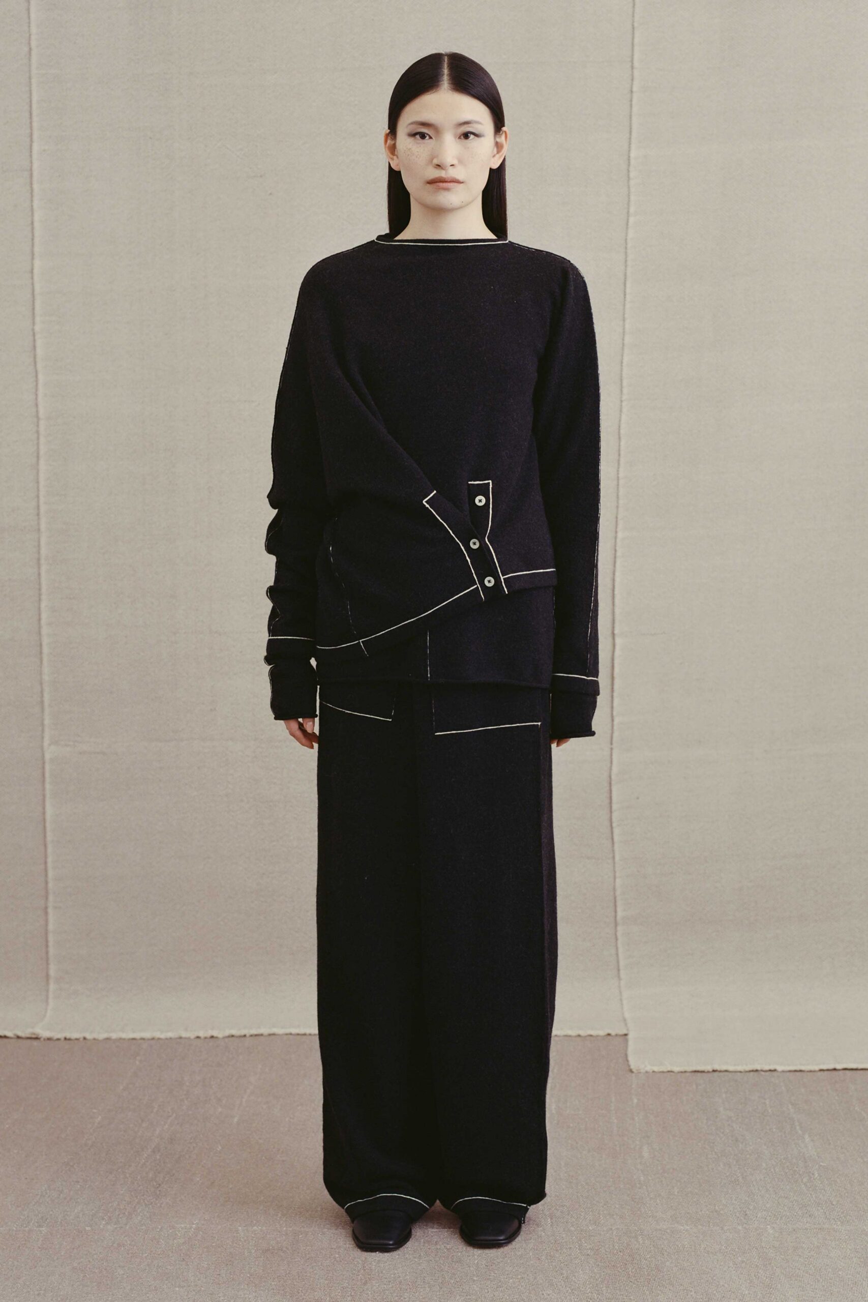 black wool long-sleeve collared relaxed buttoned sweater