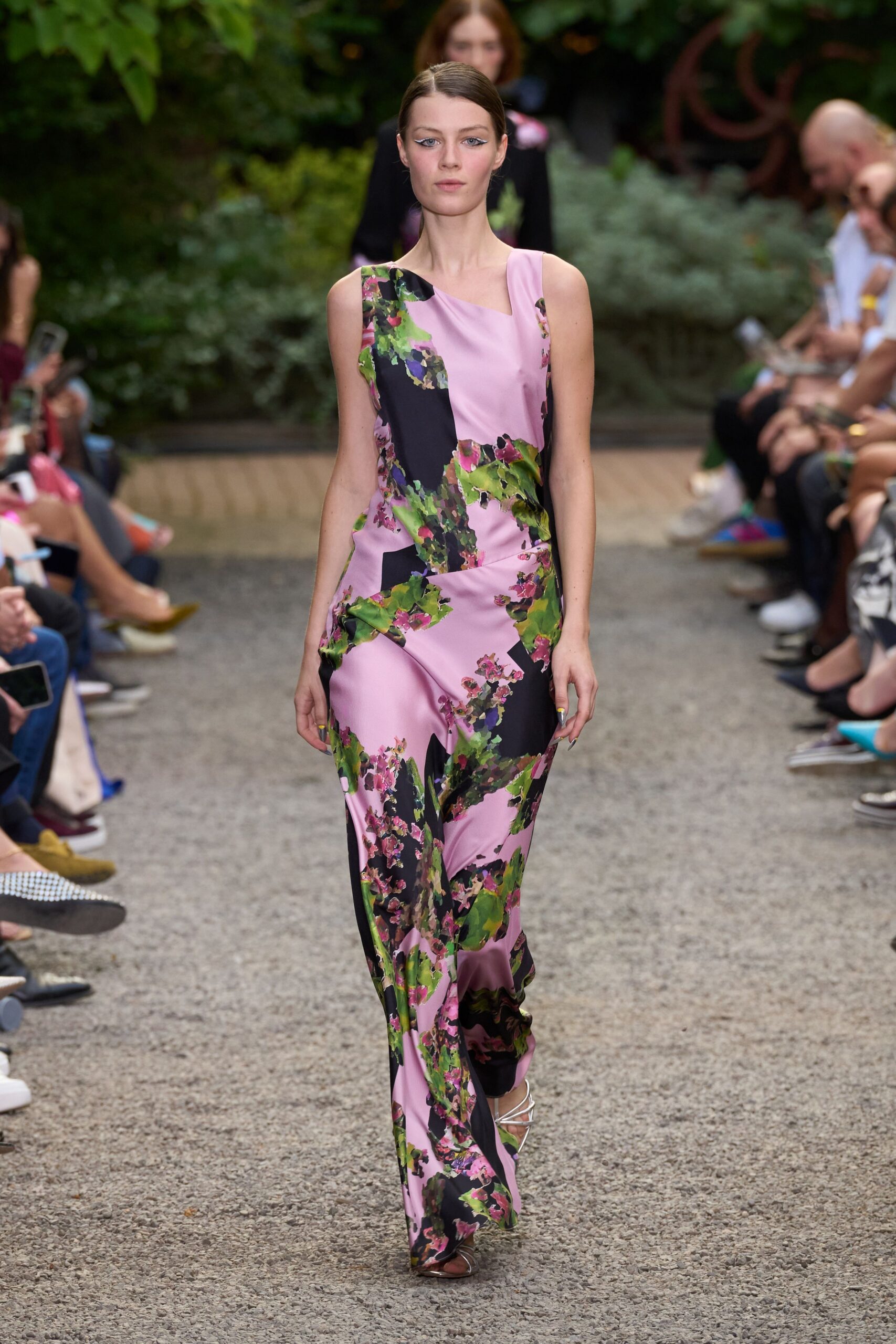 pink silk sleeveless v-neck fitted floral draped gown