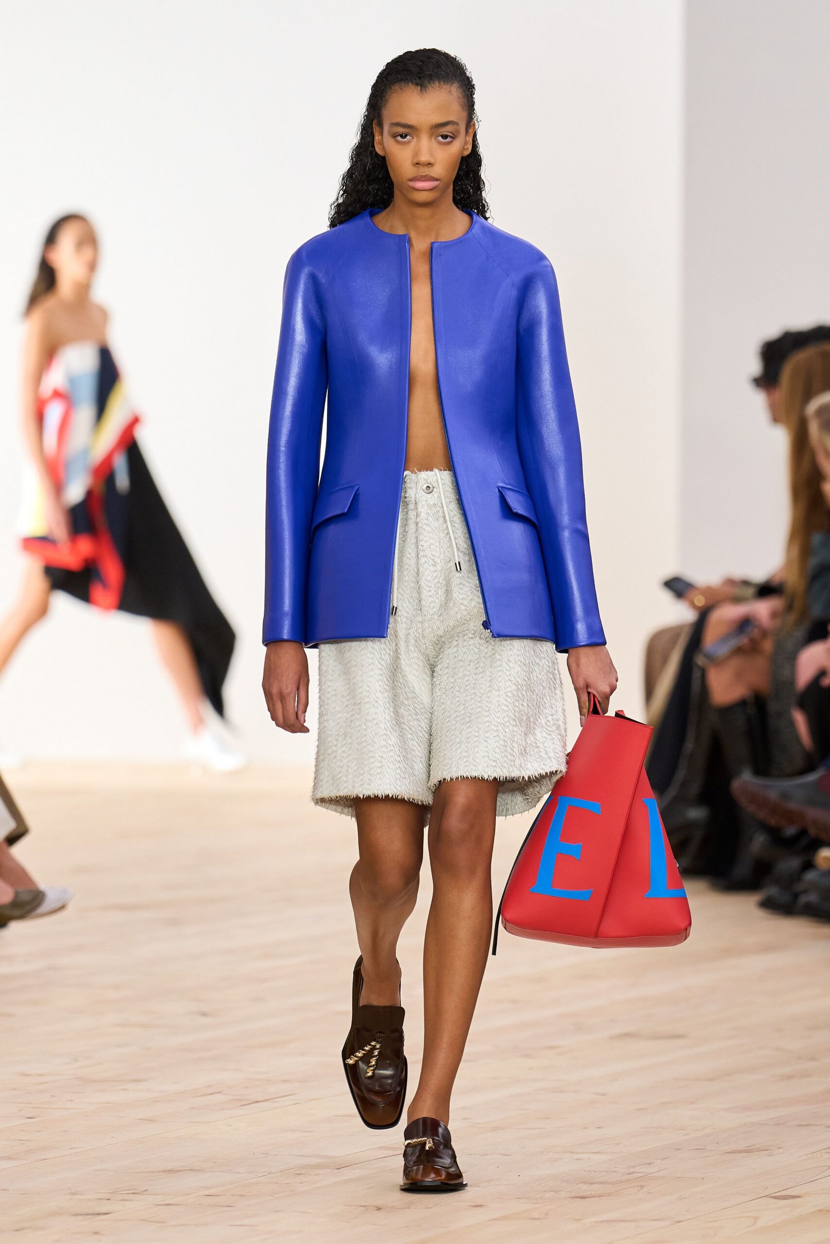 blue leather jacket with shorts