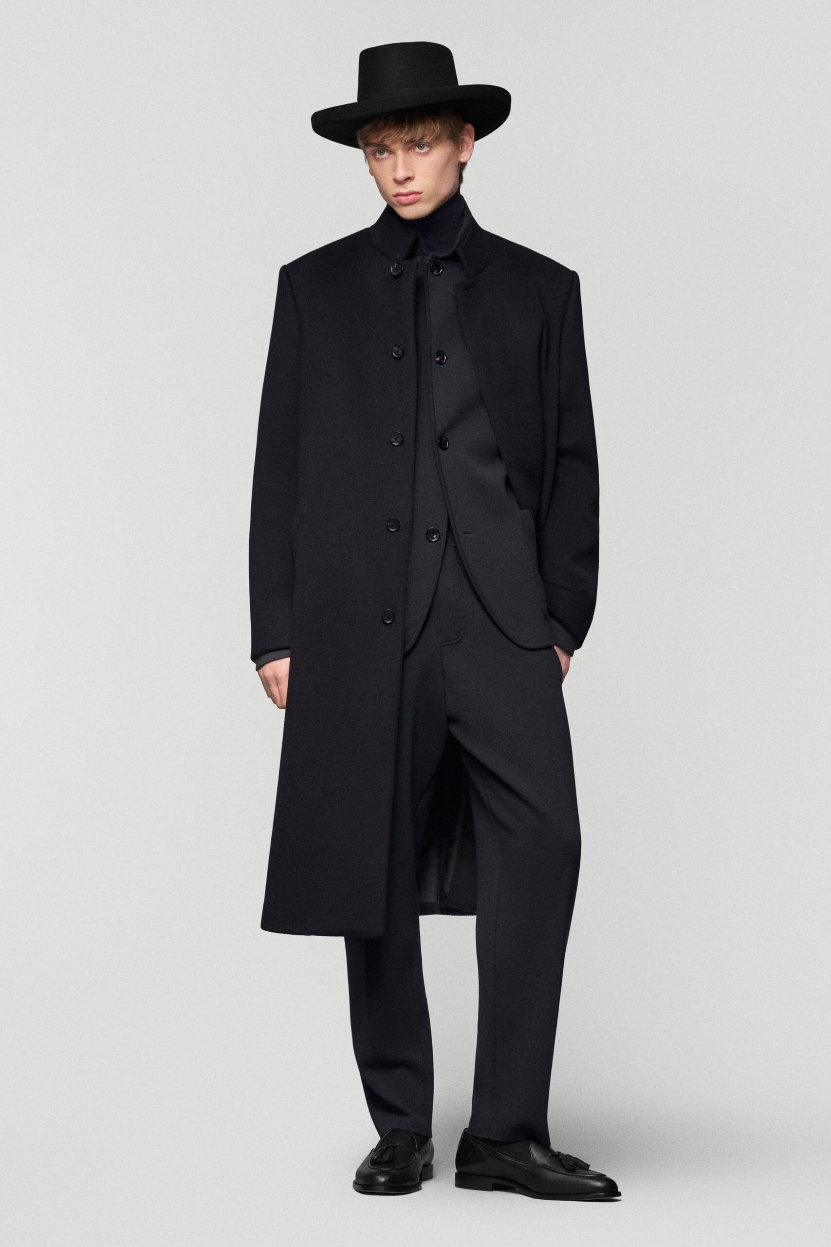 black wool long-sleeve collared relaxed buttoned maxi coat
