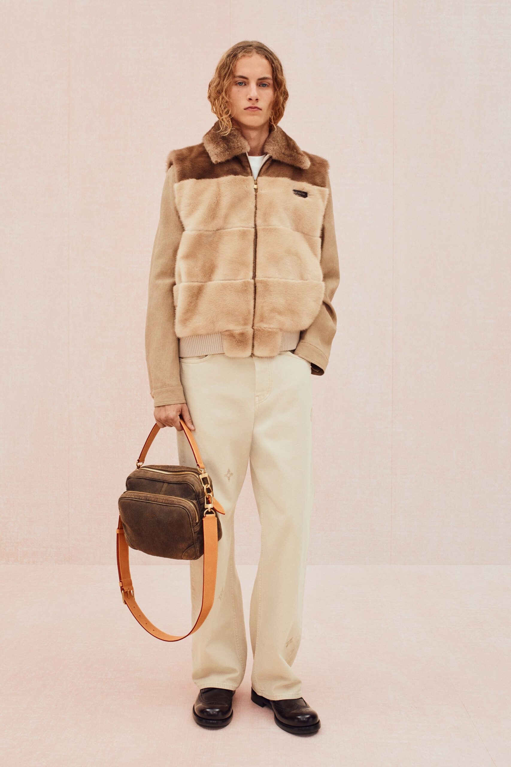 beige faux-fur long-sleeve collared relaxed buttoned jacket