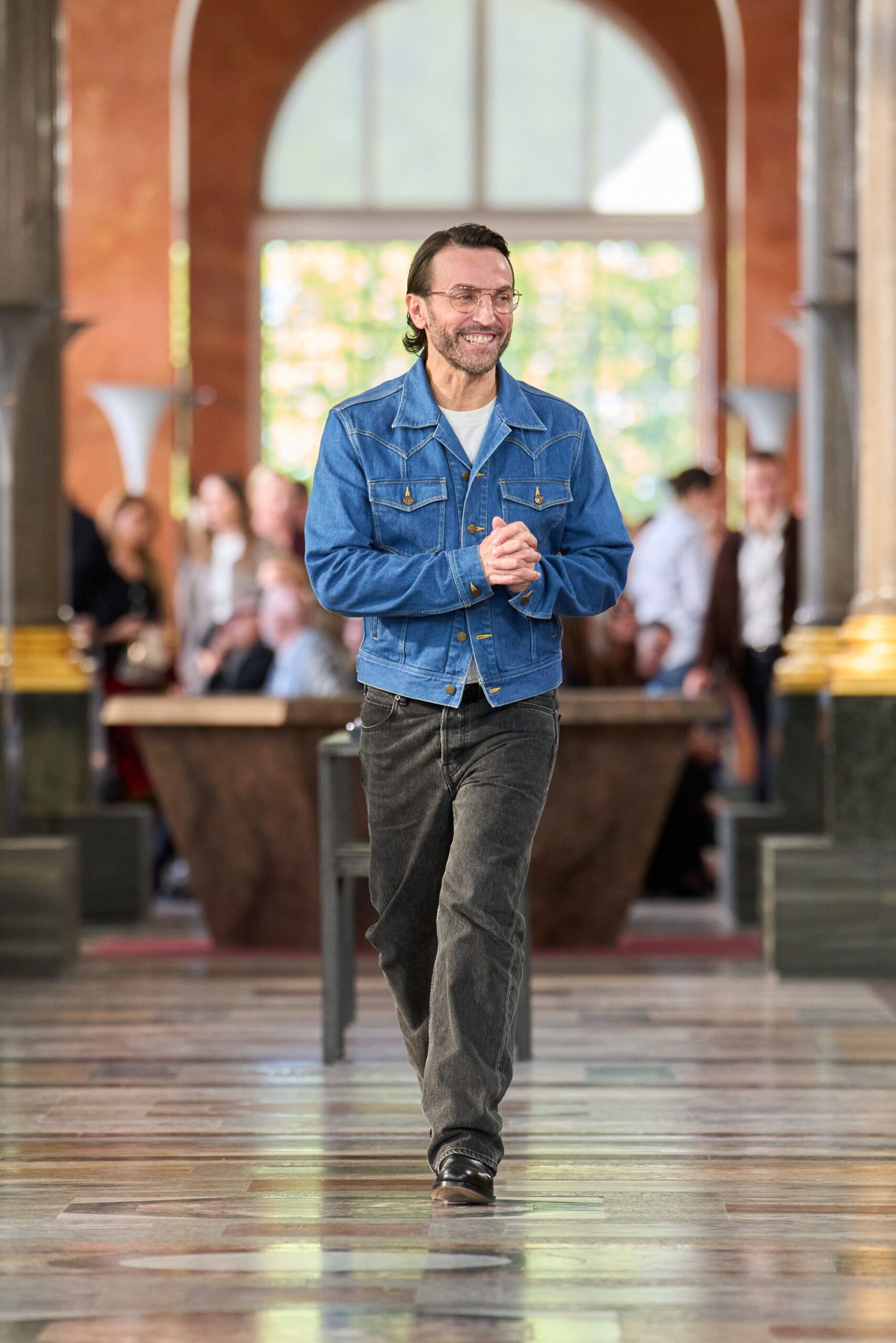 blue denim jacket with gray pants
