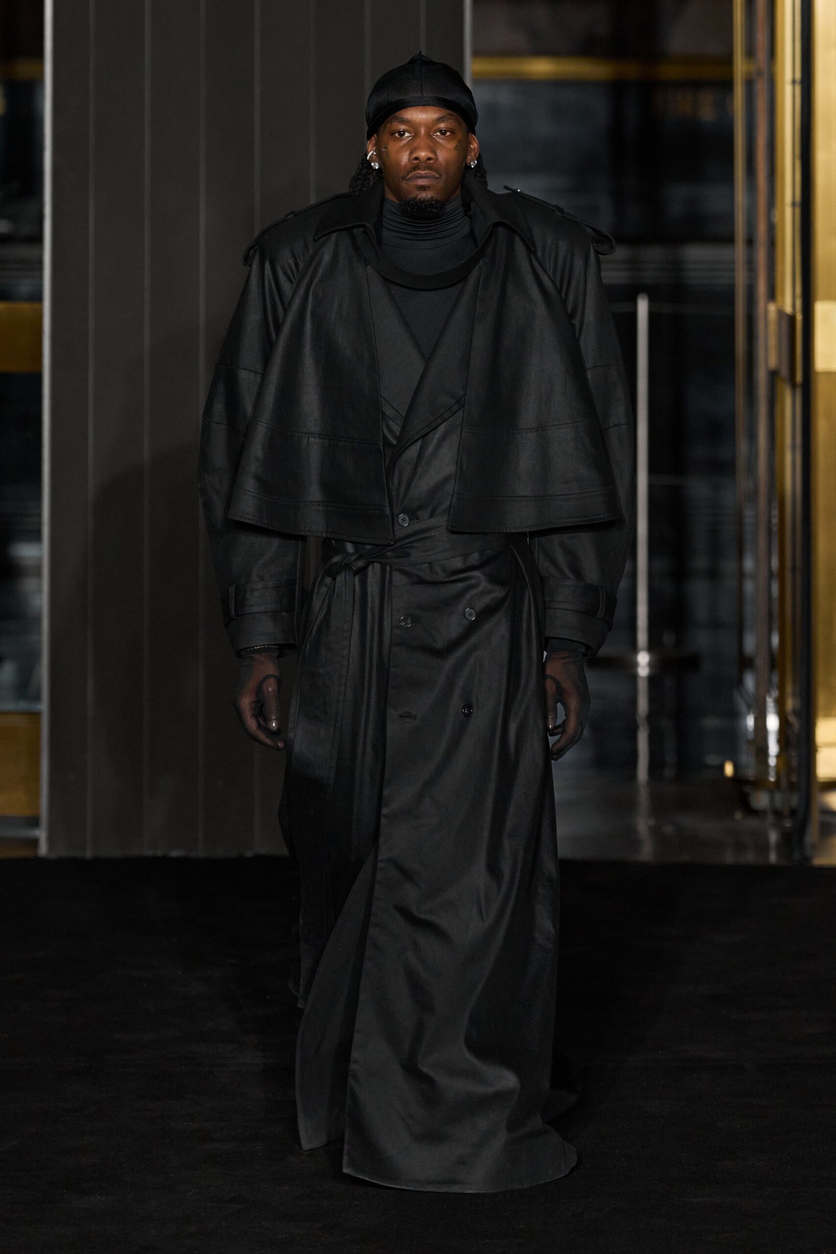 black leather long-sleeve collared relaxed layered maxi coat