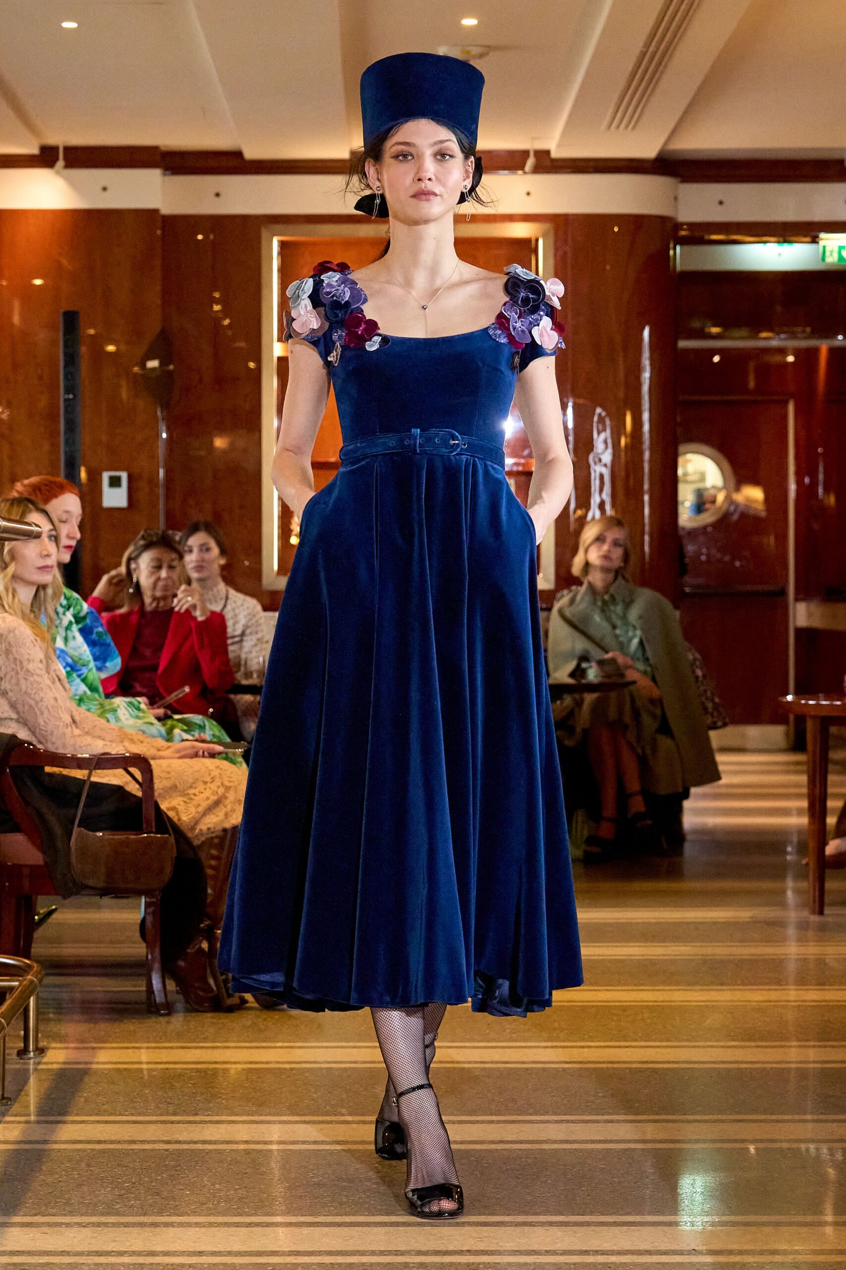 blue velvet short-sleeve square-neck fitted pleated belted dress