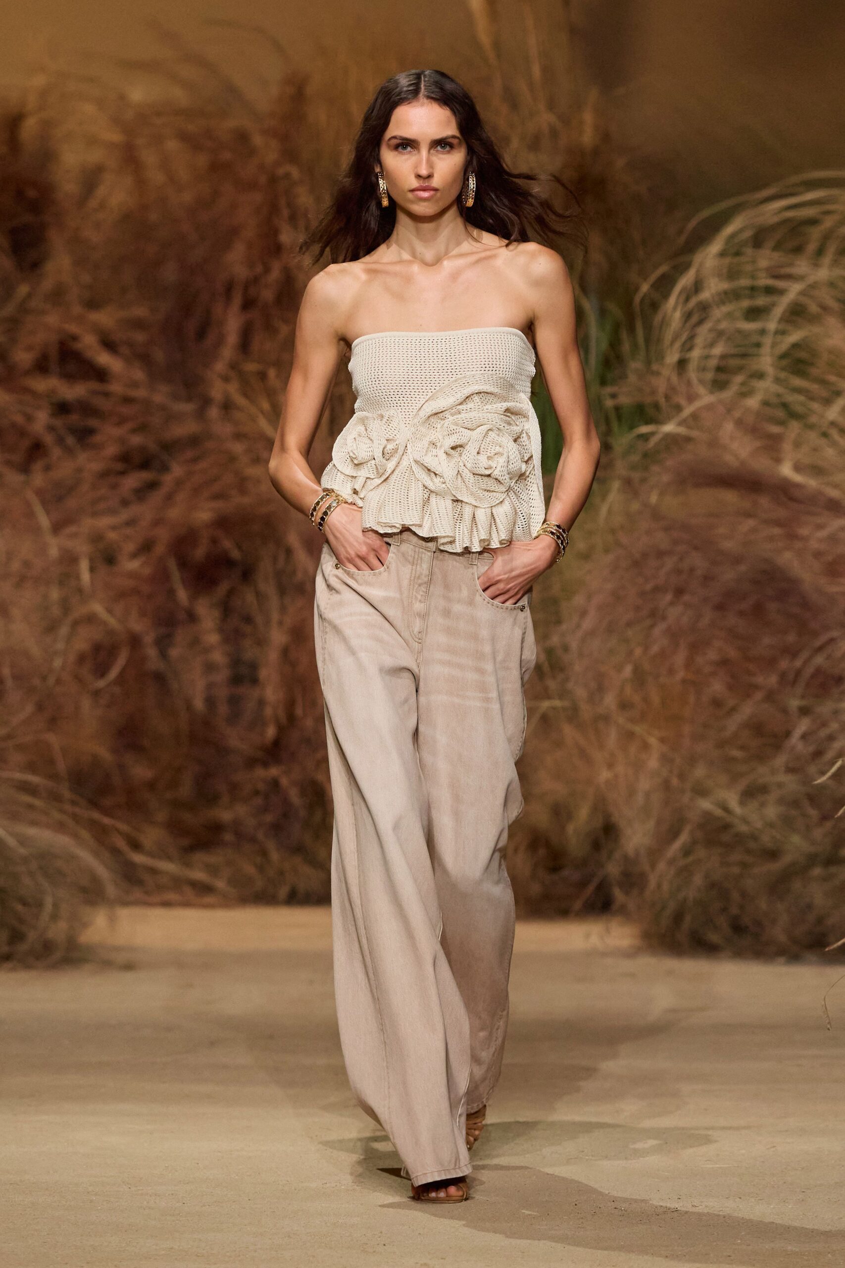 beige cotton sleeveless strapless fitted ruffled top