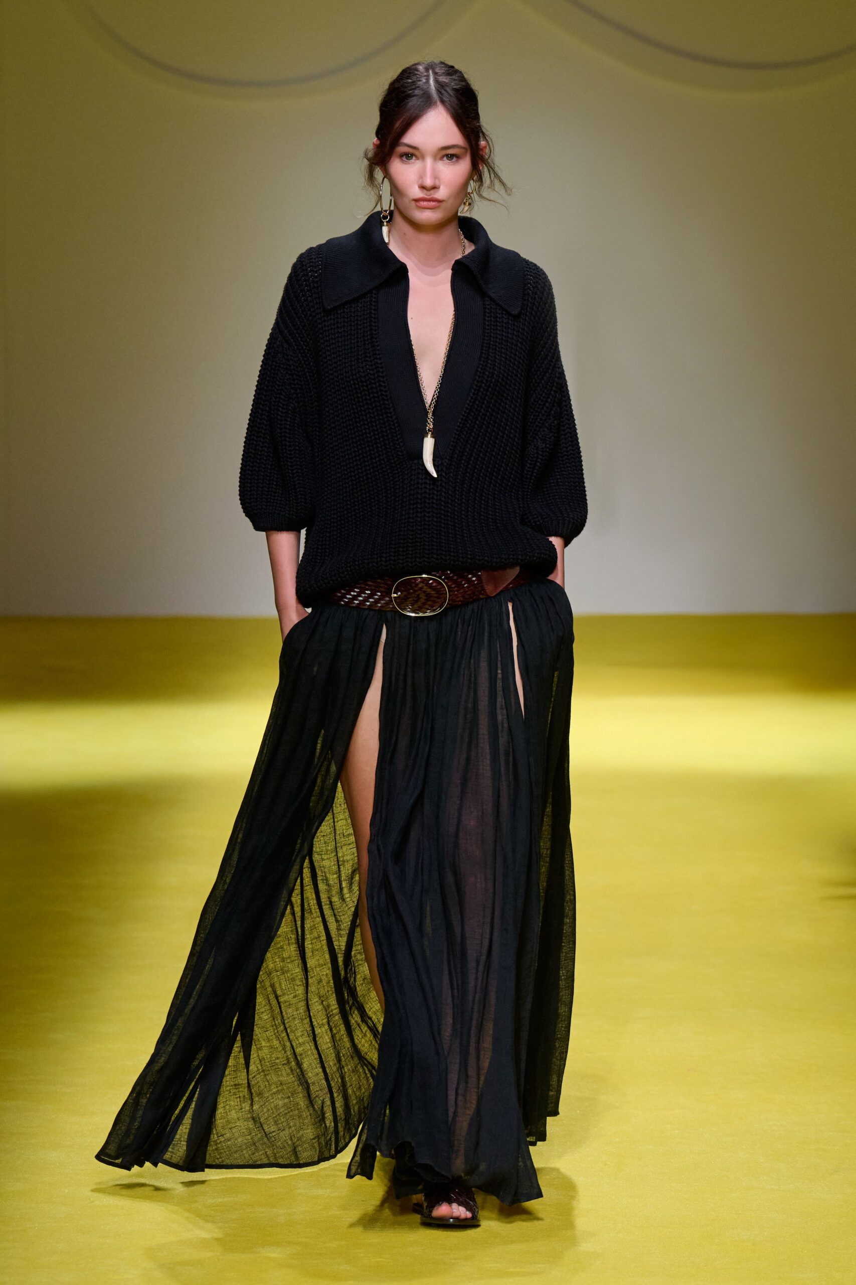 black relaxed top with maxi skirt