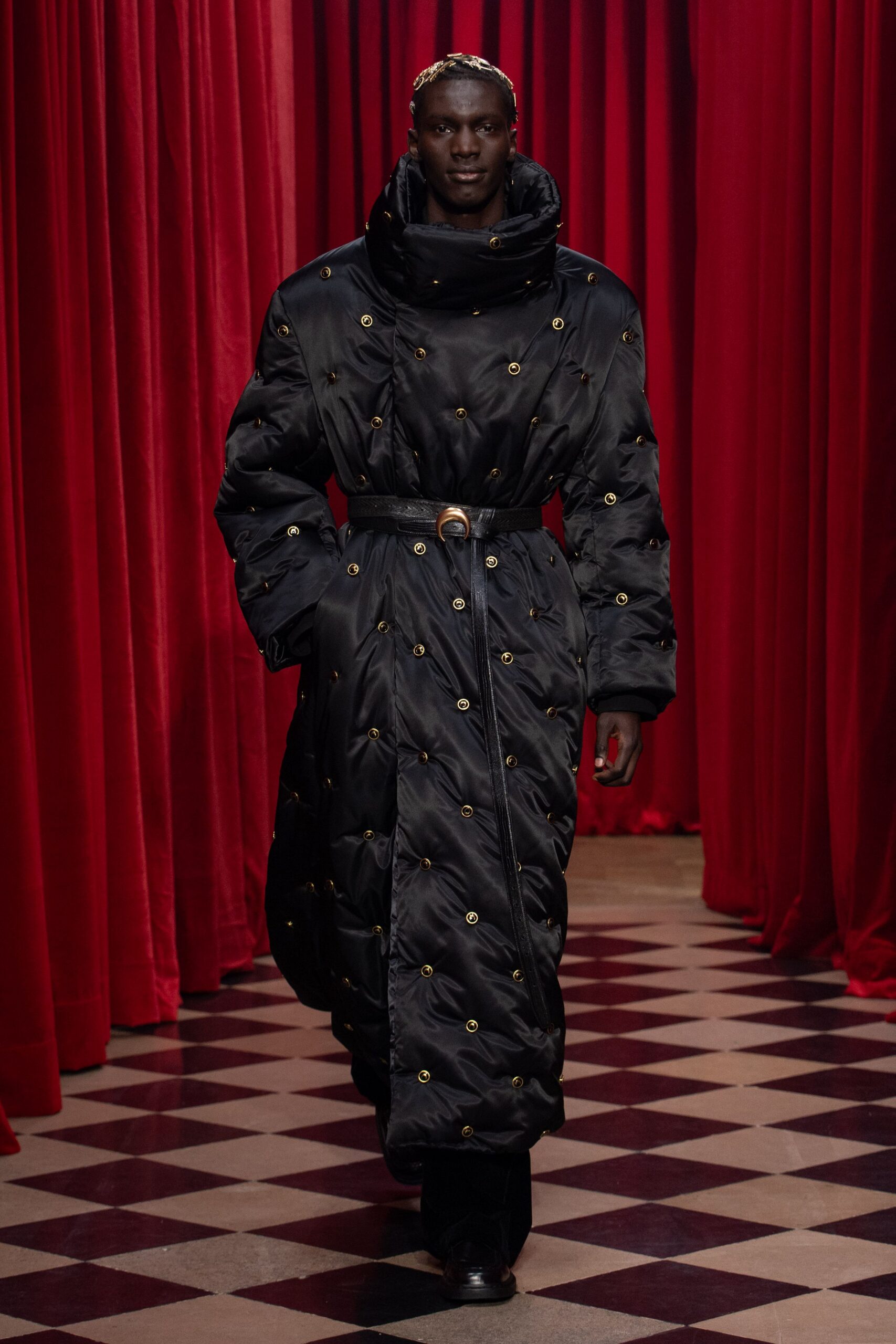 black silk long-sleeve collared relaxed padded buttoned coat