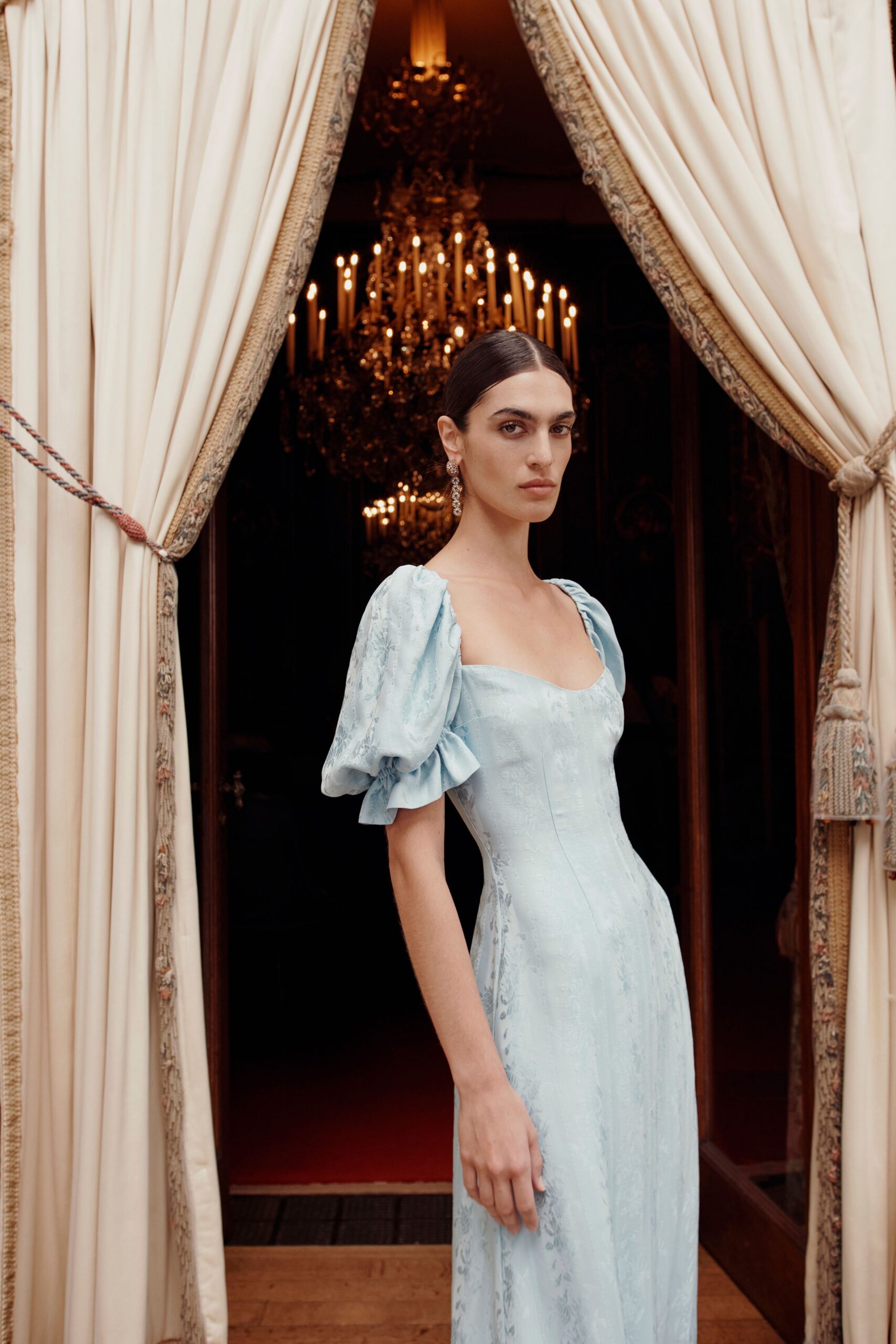 blue silk embroidered gown