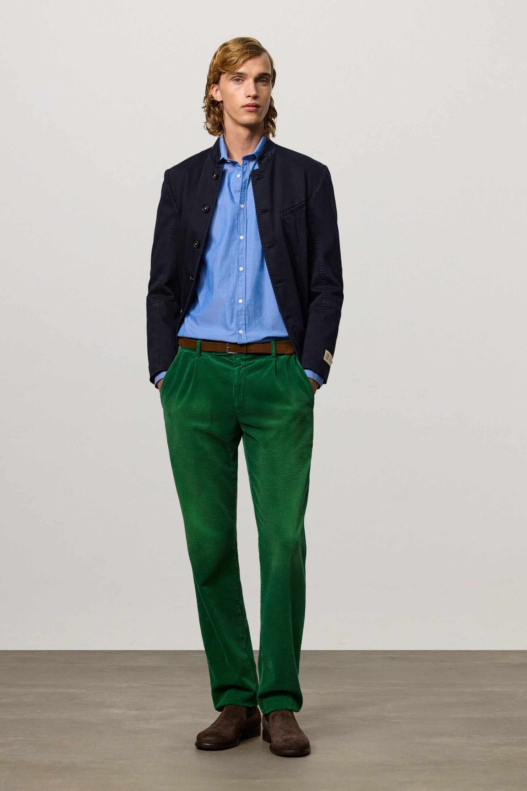 navy blazer blue shirt green pants