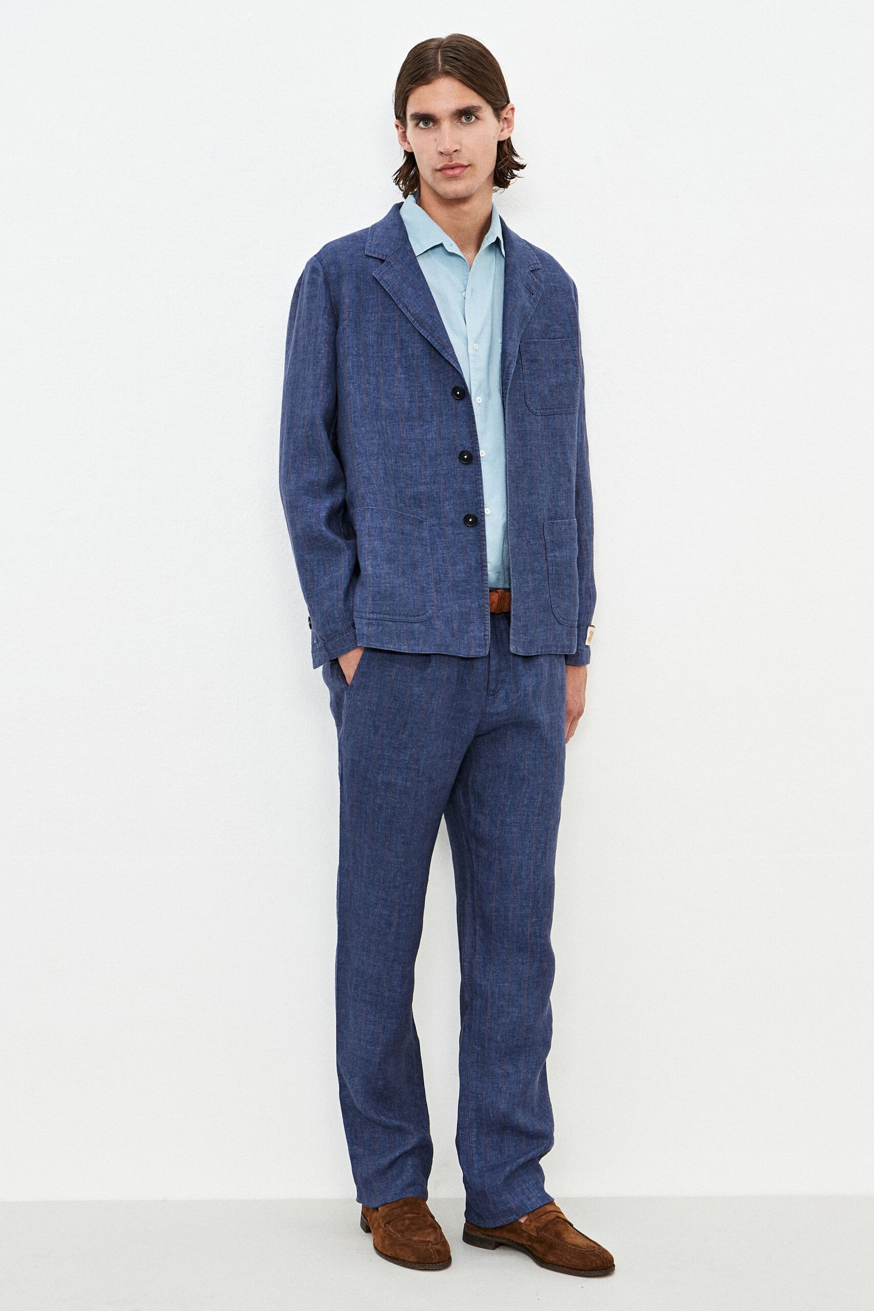 blue blazer with tailored pants