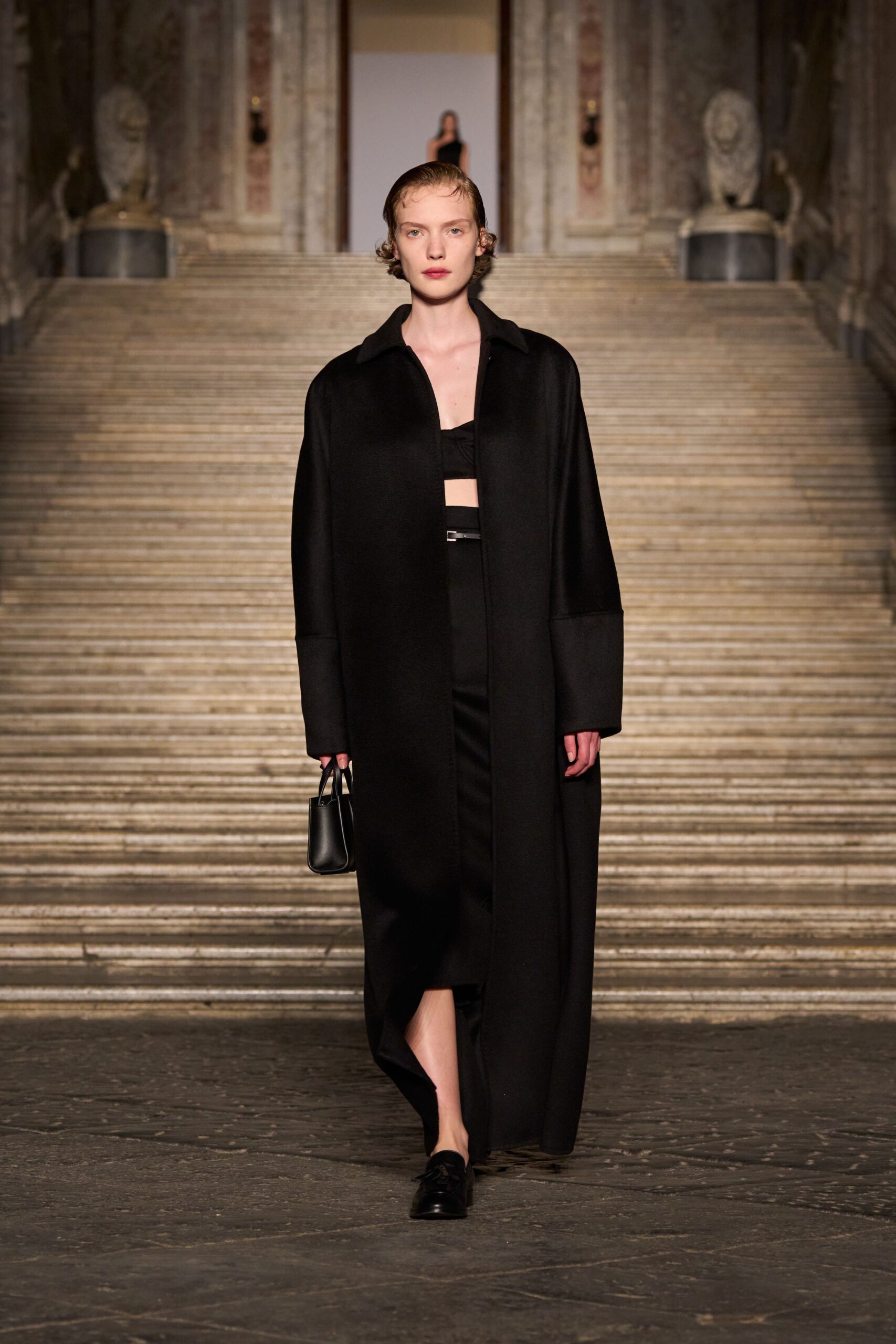 black oversized coat with fitted top