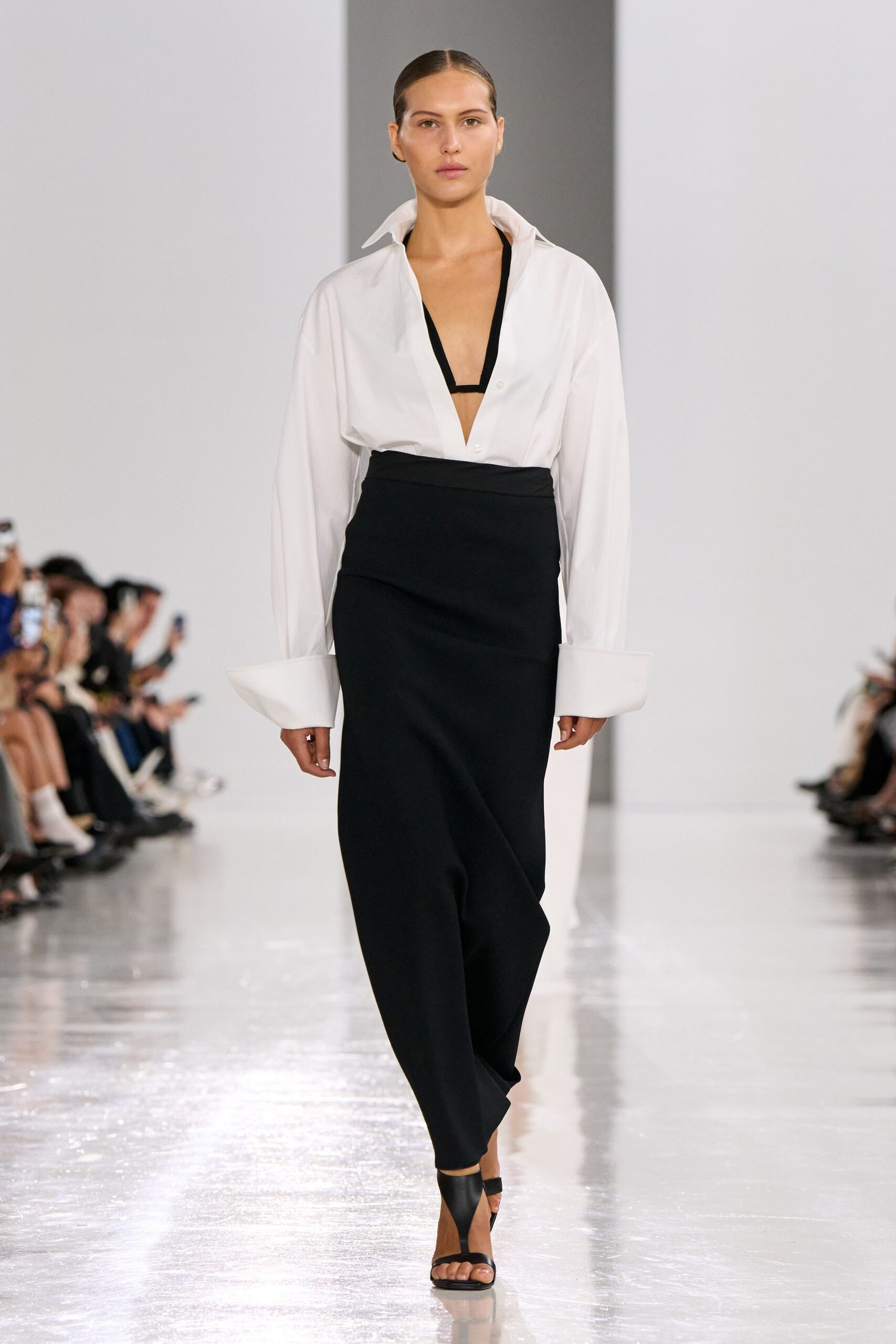 white relaxed shirt black pencil skirt