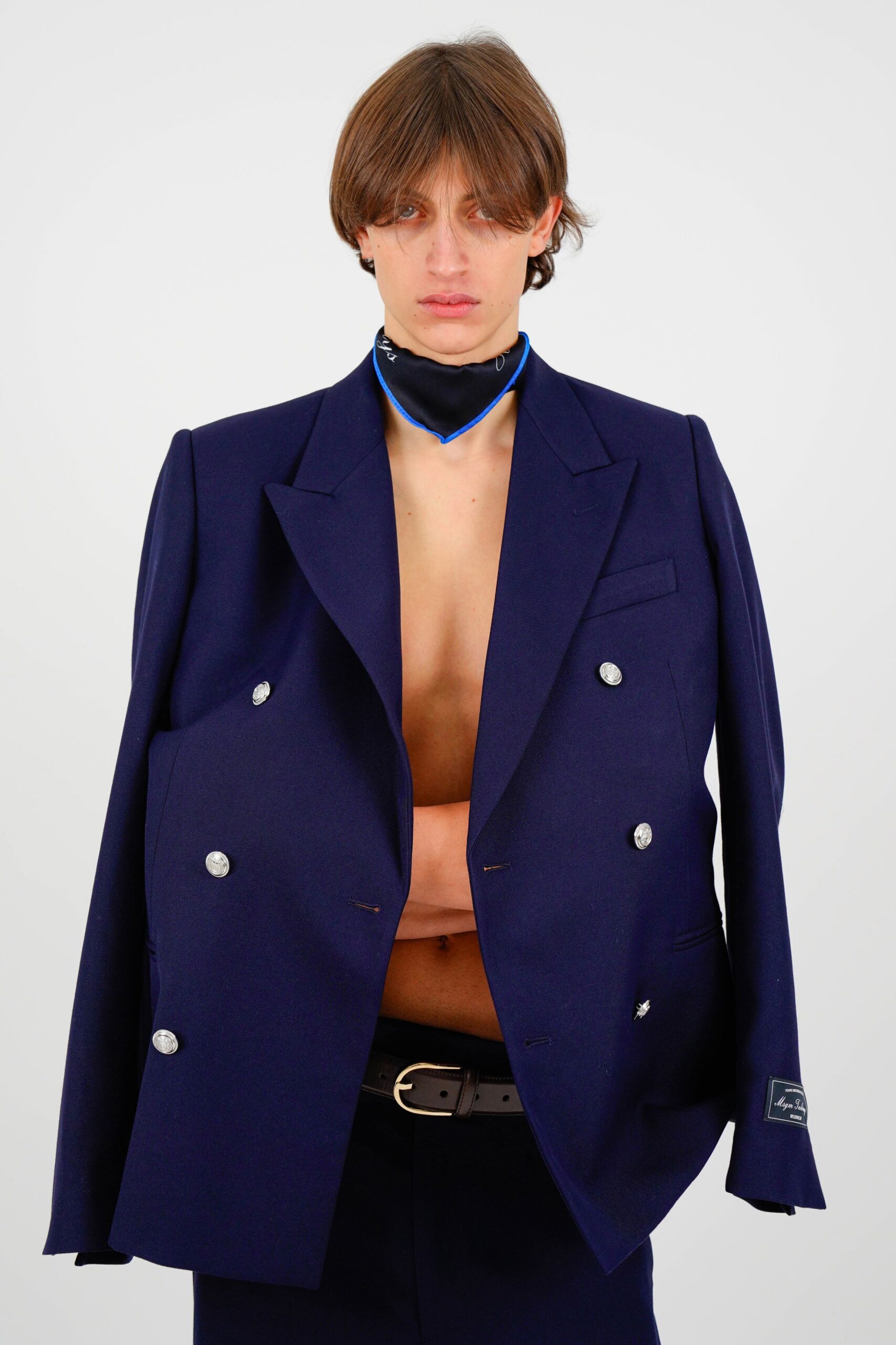 blue wool long-sleeve collared oversized buttoned blazer