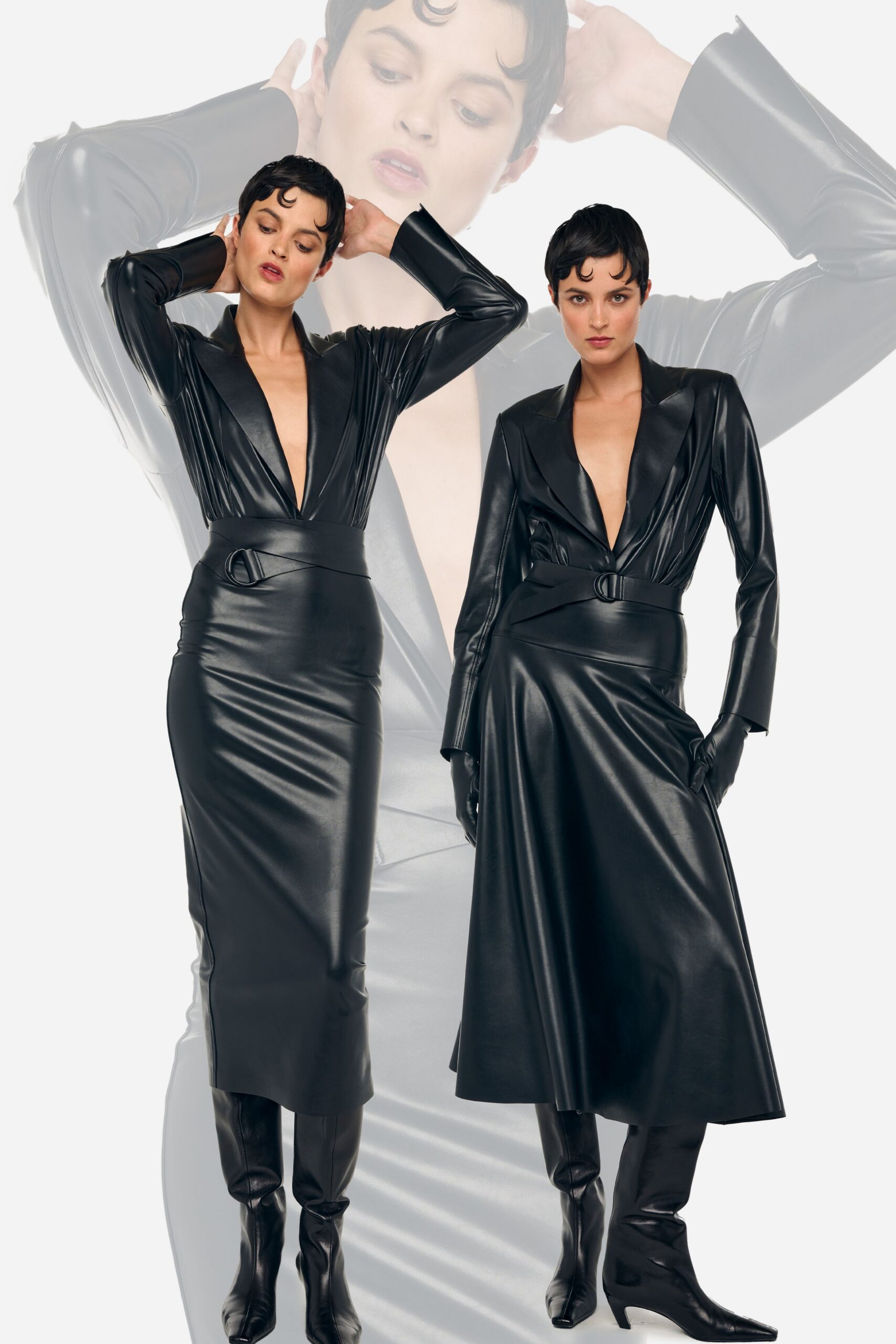 black leather fitted dress and boots