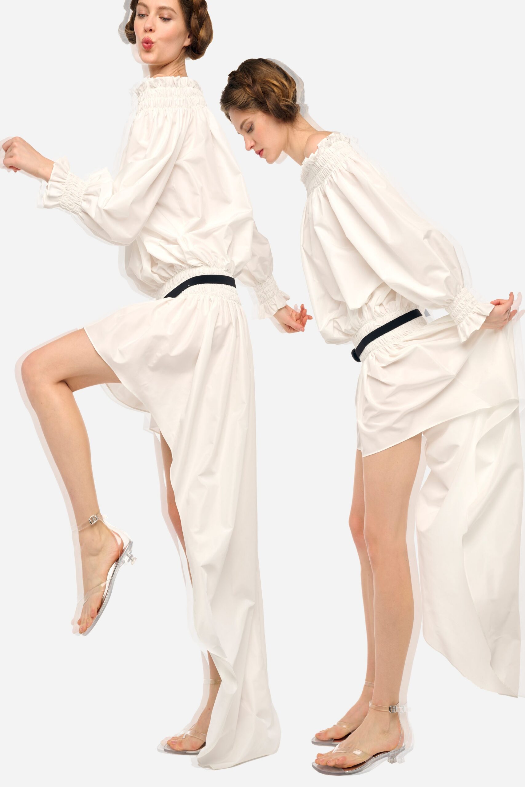 white asymmetric midi dress with clear shoes