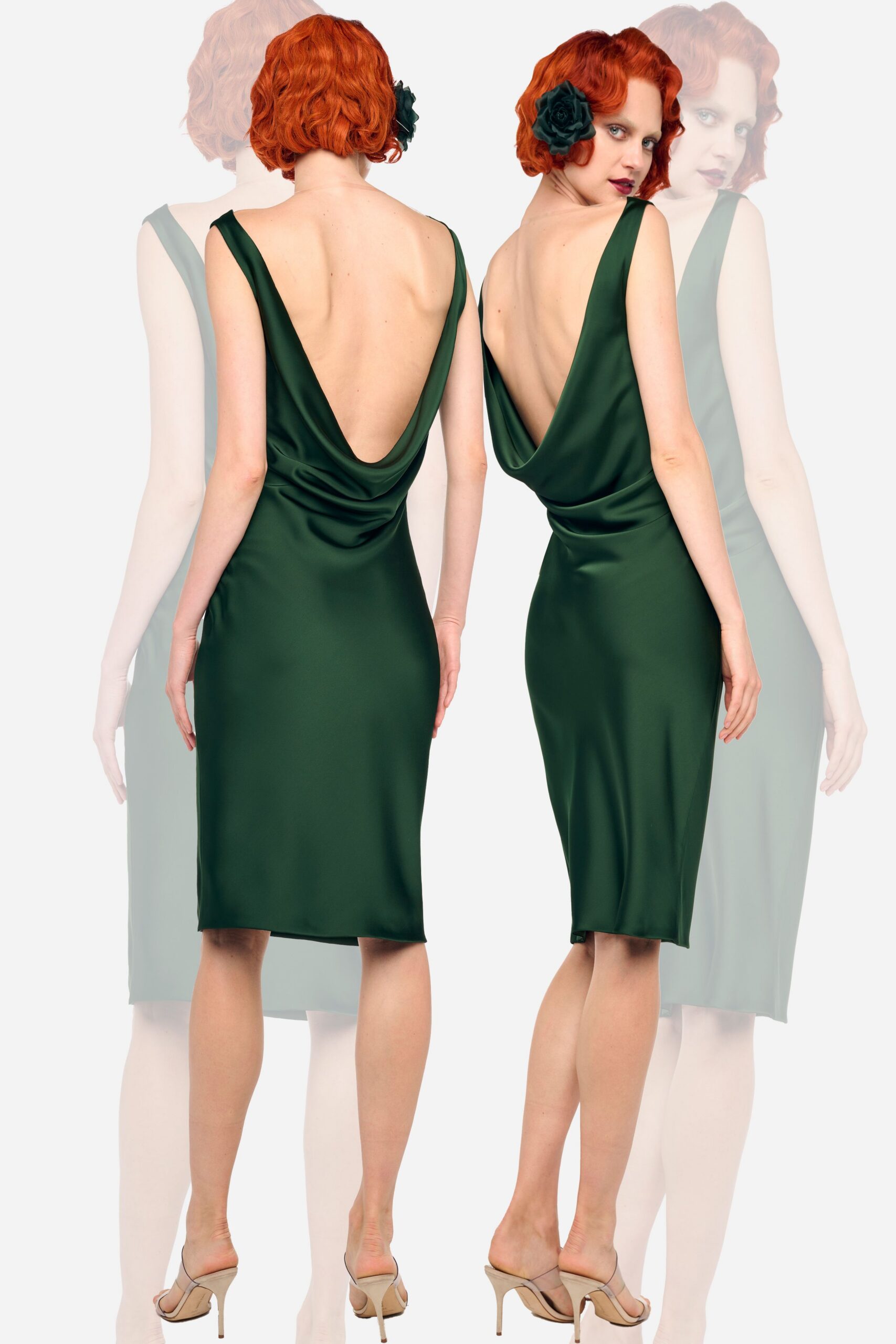 green satin sleeveless v-neck fitted draped midi dress