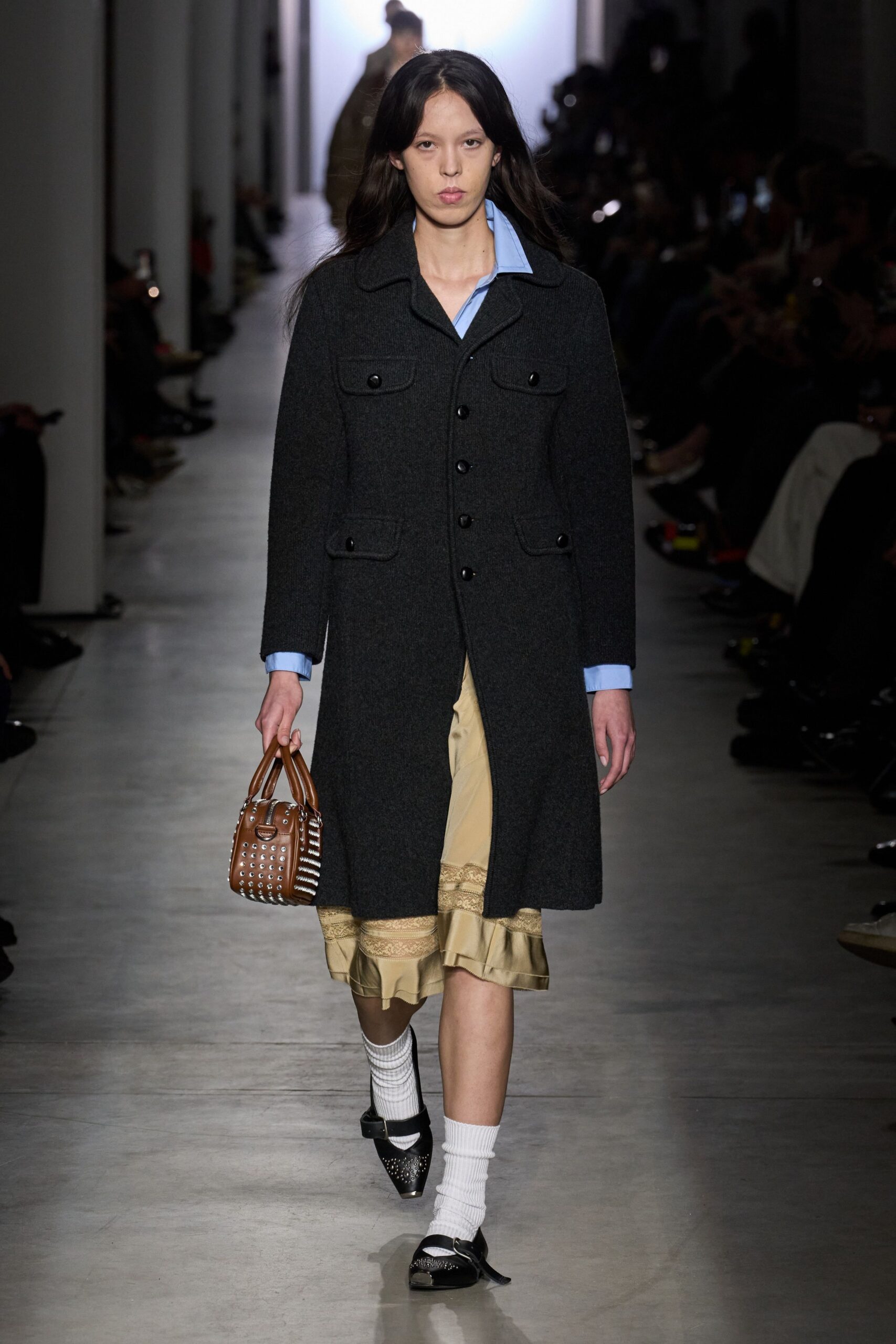 gray wool coat with blue shirt
