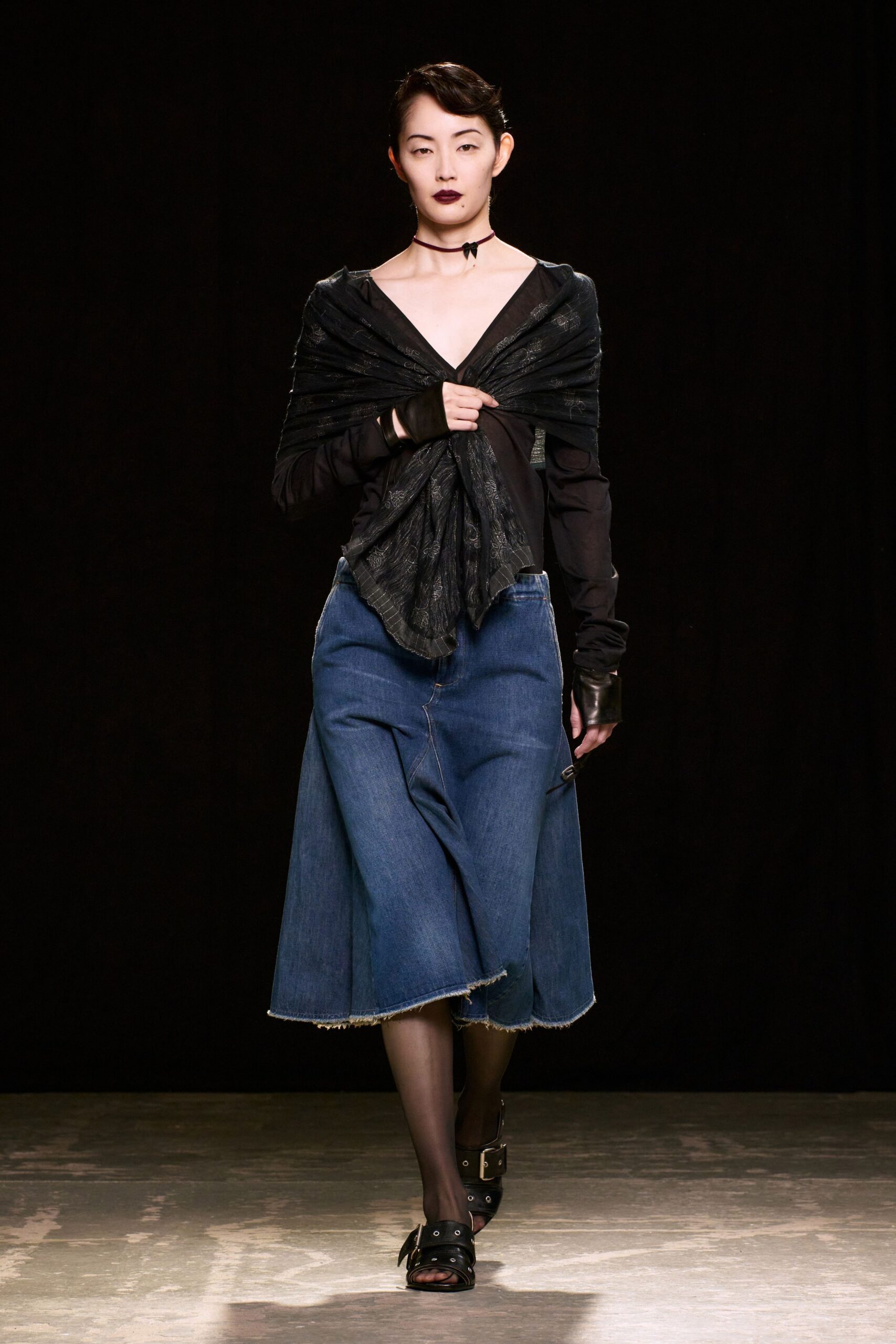 black silk top with denim skirt