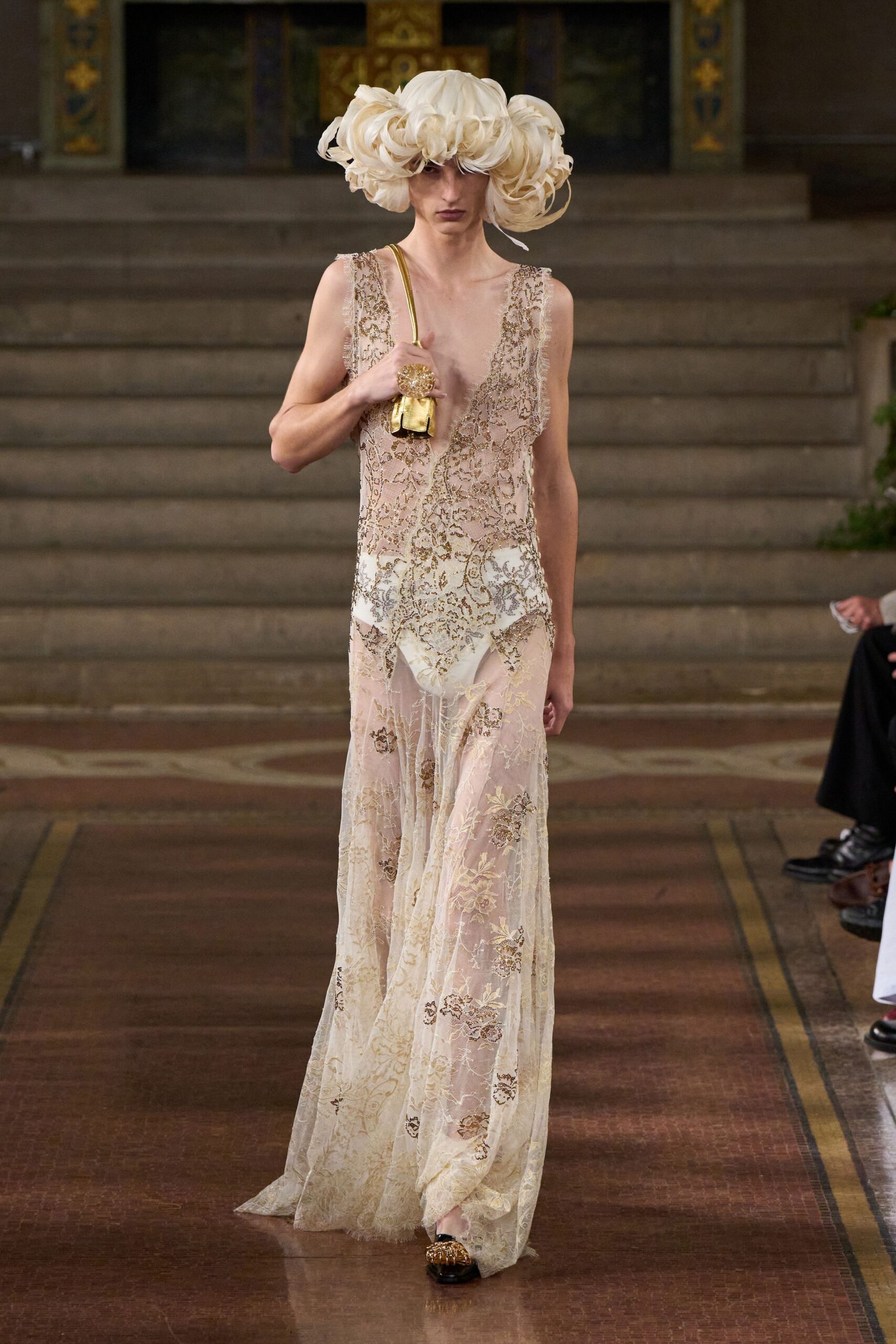beige lace sleeveless v-neck fitted embroidered gown