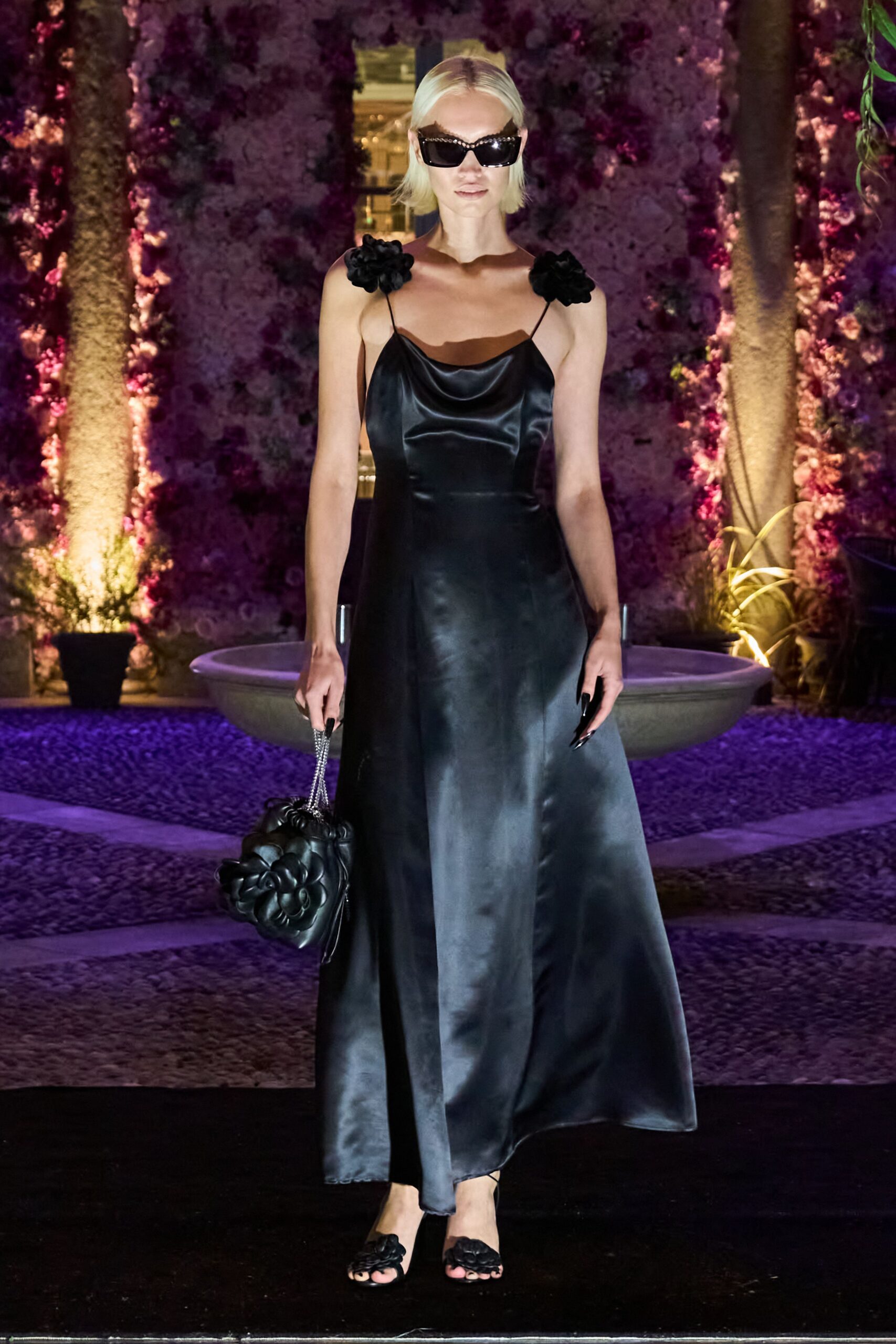 black silk sleeveless v-neck fitted layered shiny gown