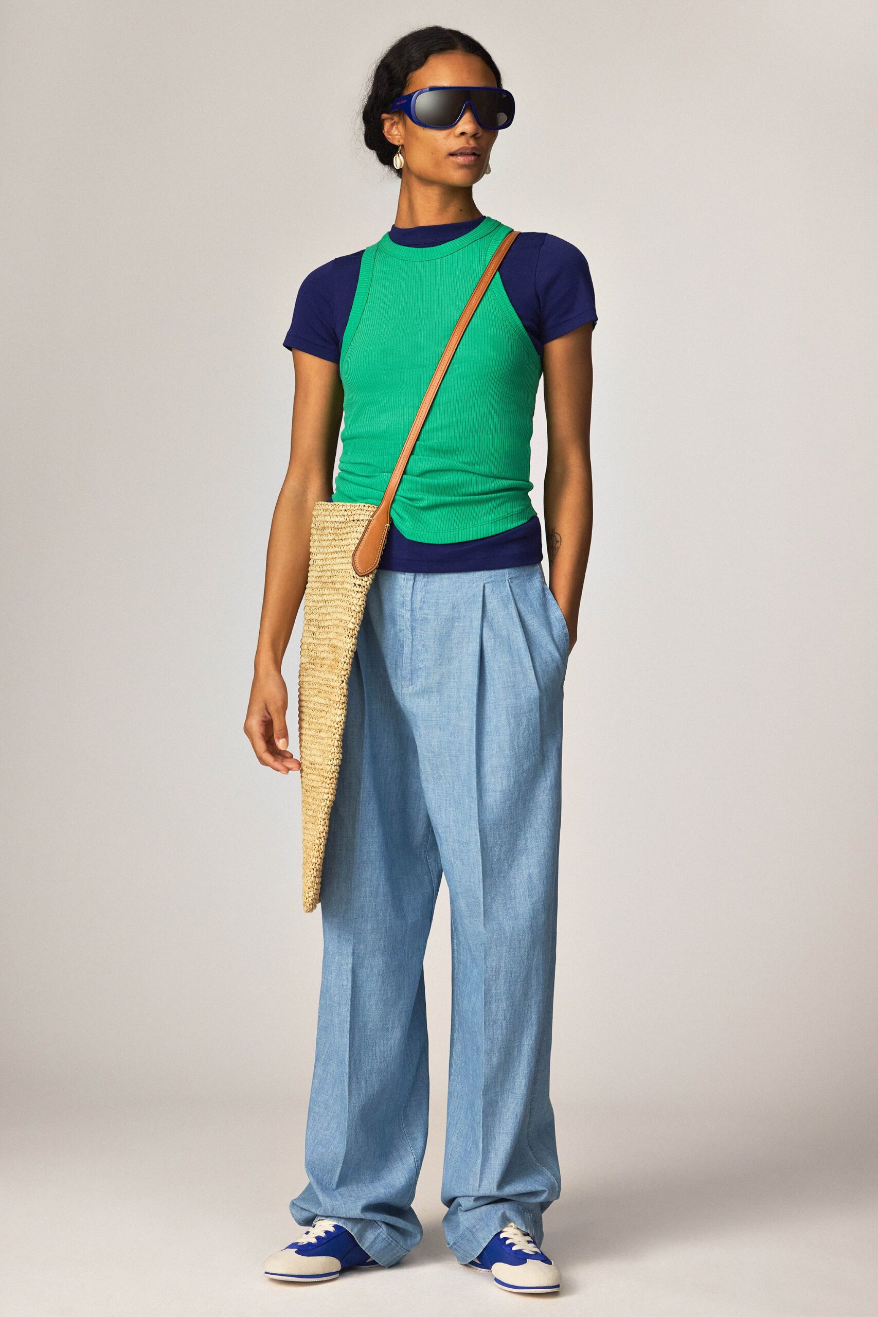 green and blue fitted top with relaxed pants