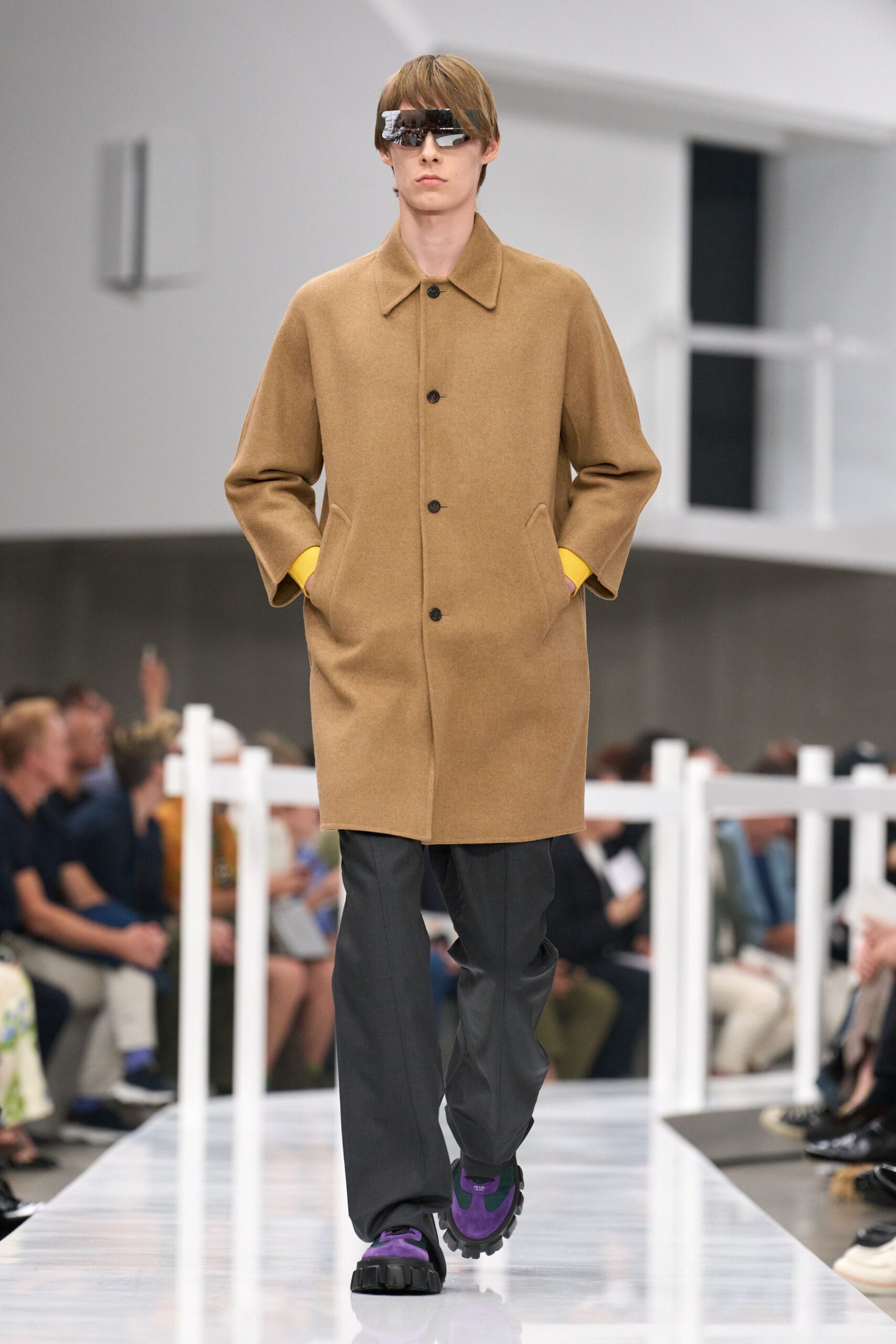 brown wool coat with gray pants