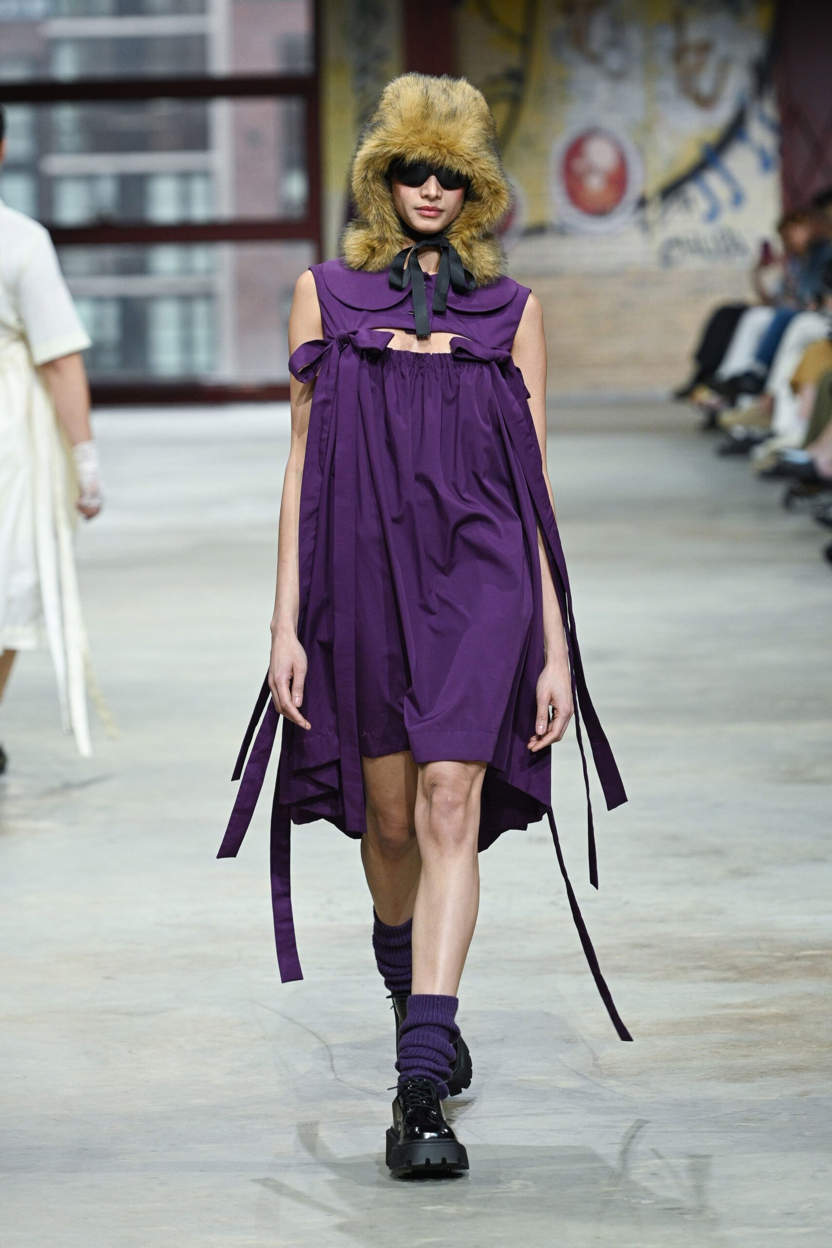 purple cotton sleeveless high-neck relaxed draped tiered dress