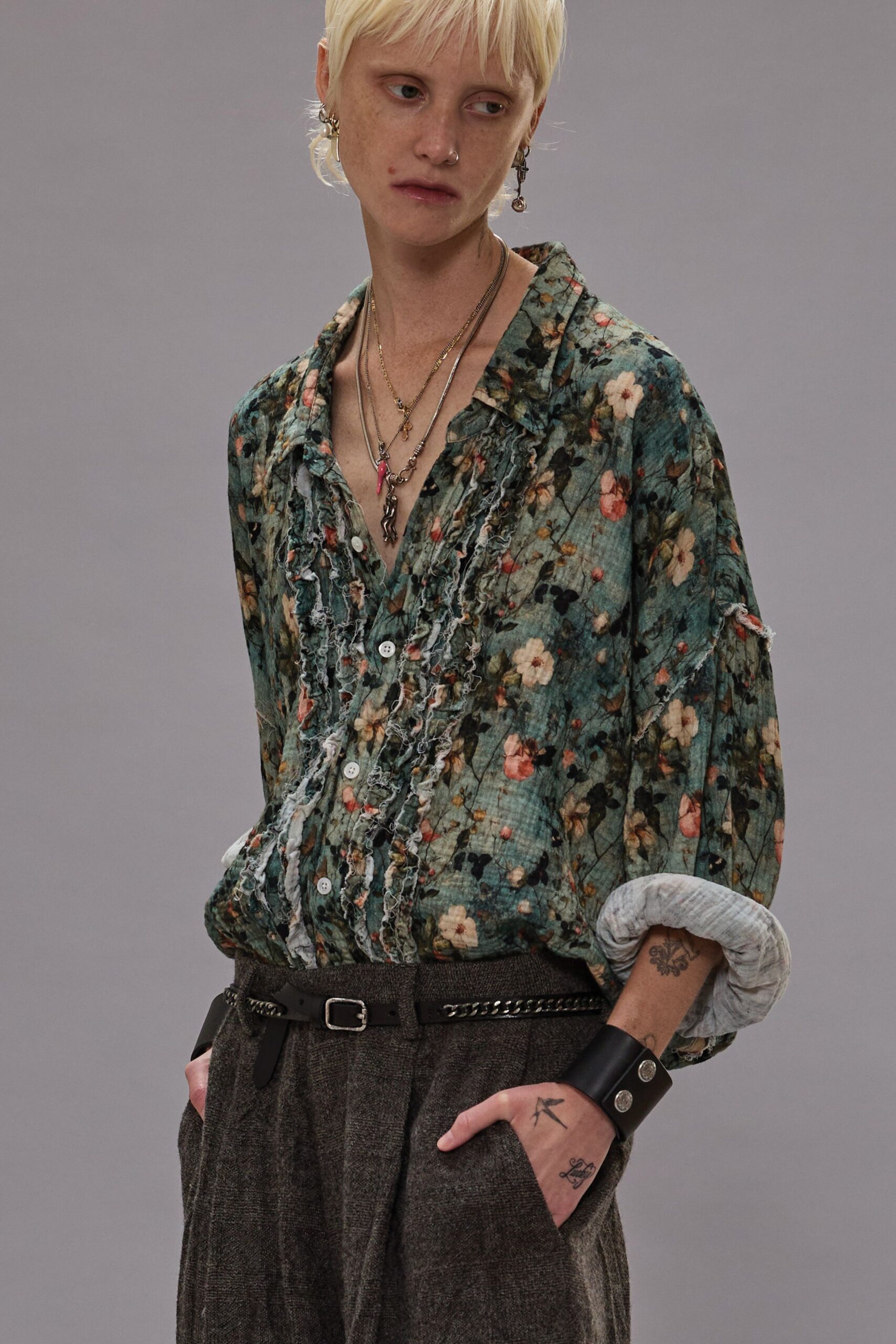 floral relaxed shirt with gray pants