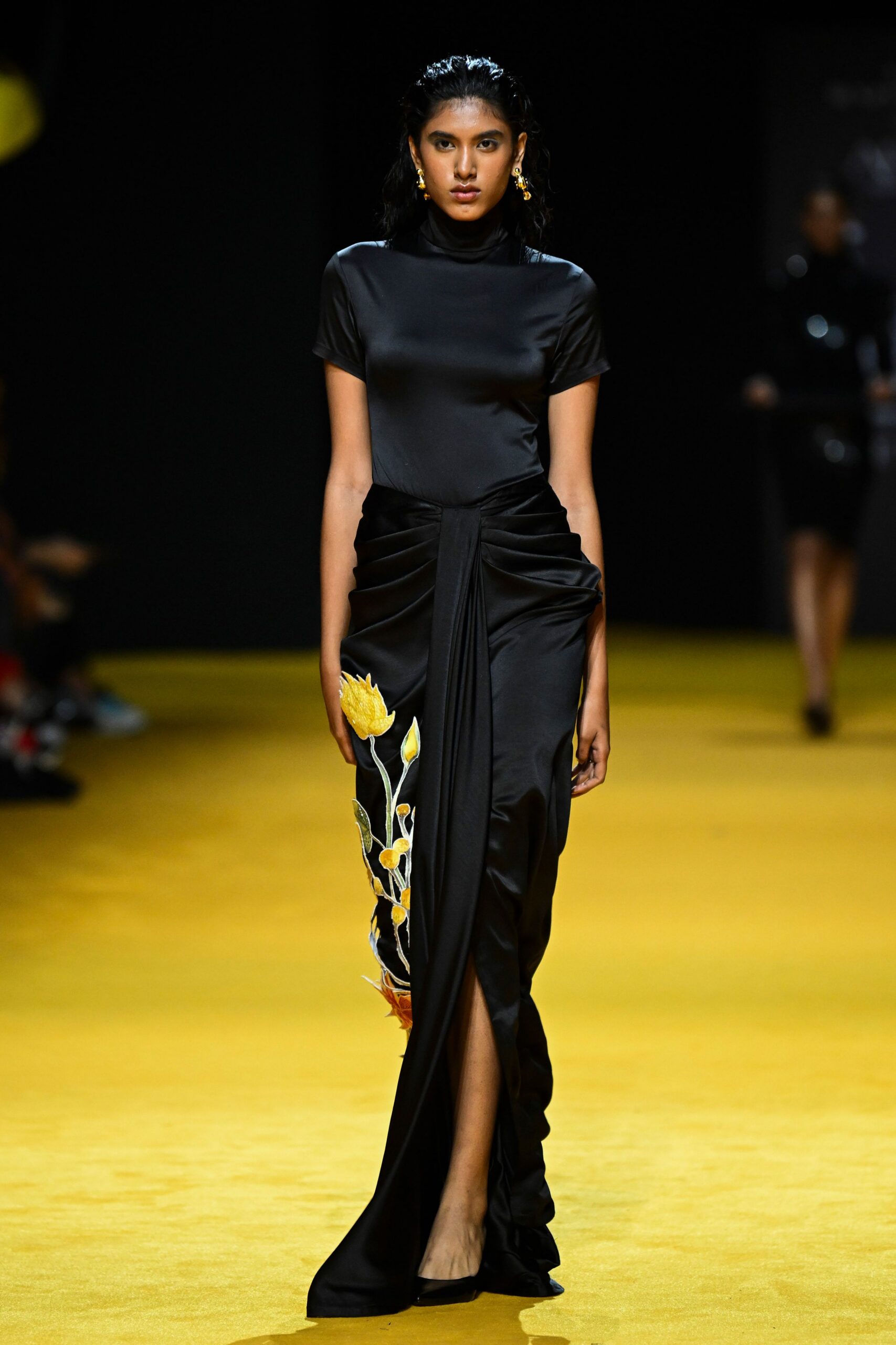 black silk fitted gown