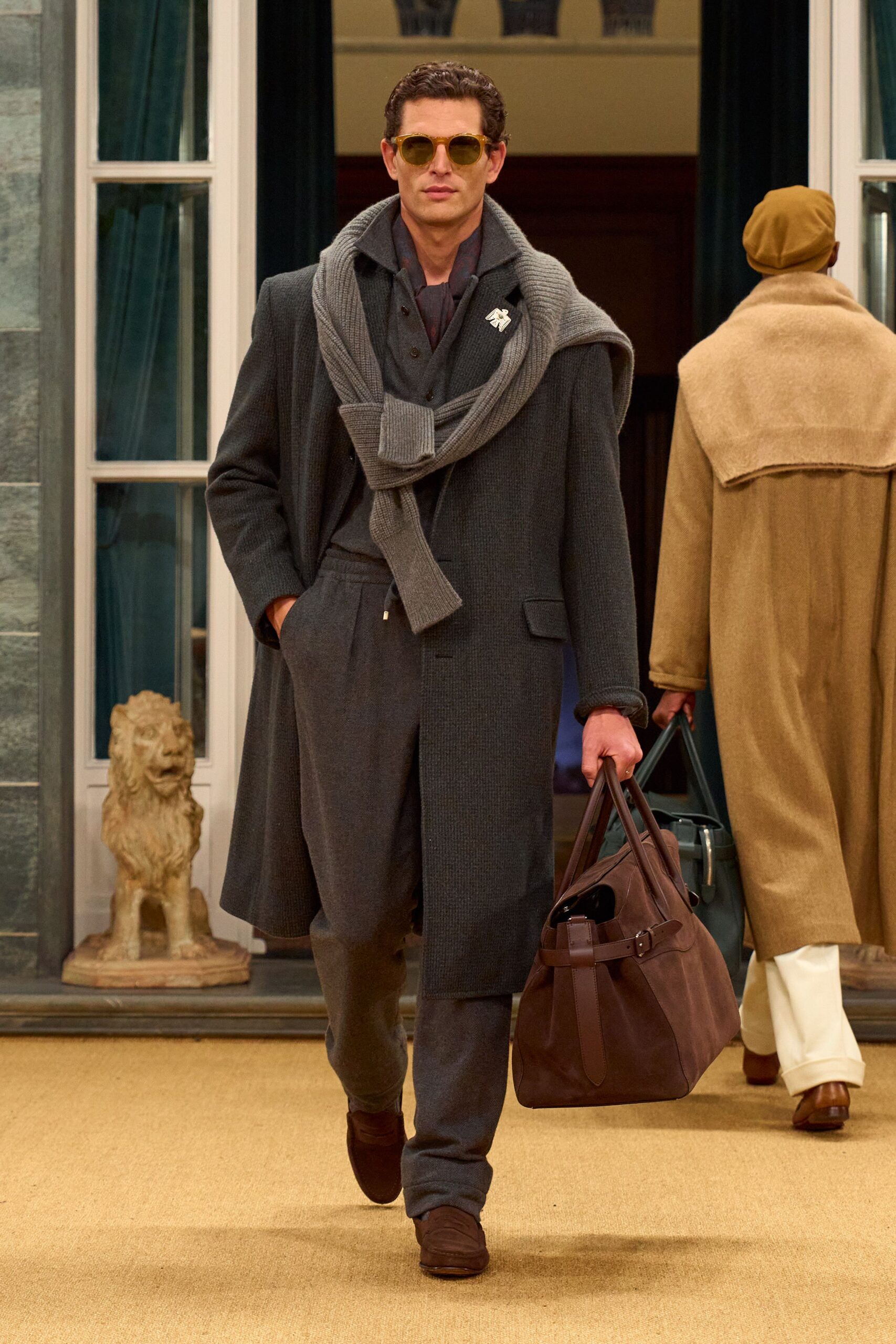 gray wool long-sleeve collared structured buttoned coat