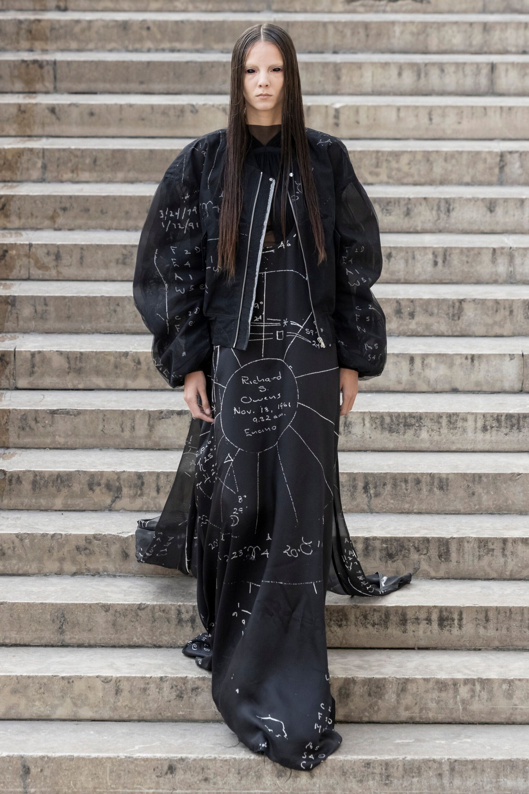 black silk long-sleeve v-neck fitted layered flowing dress