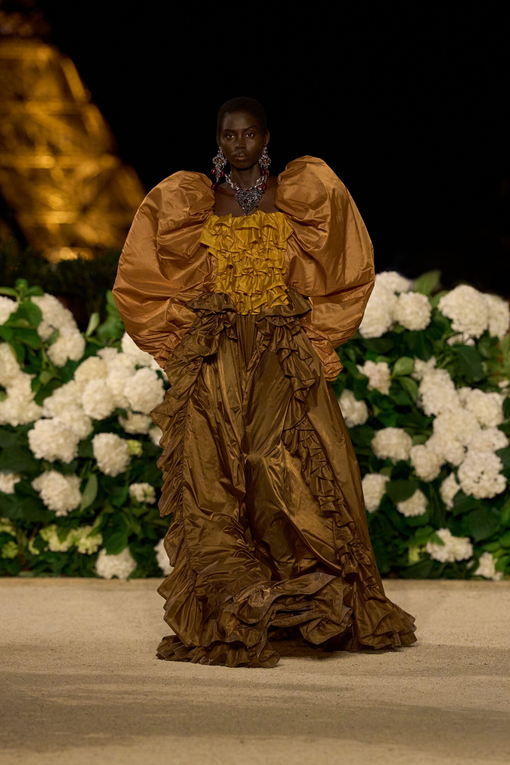 brown gold ruffled gown