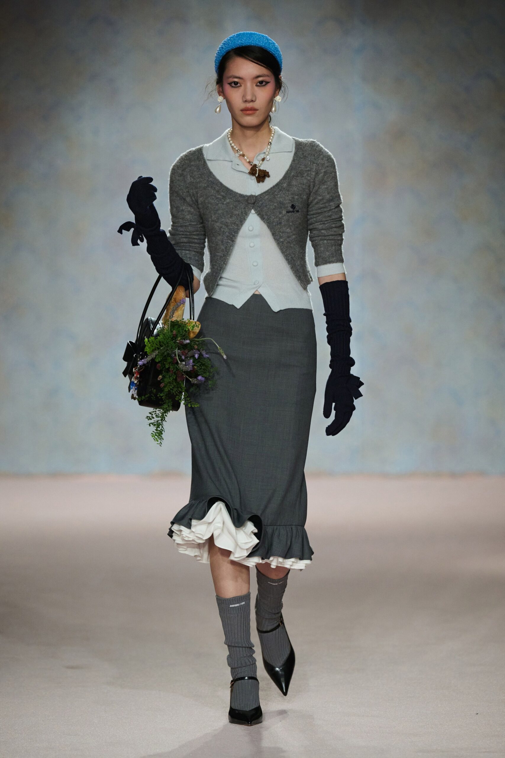 gray cotton fitted tiered skirt