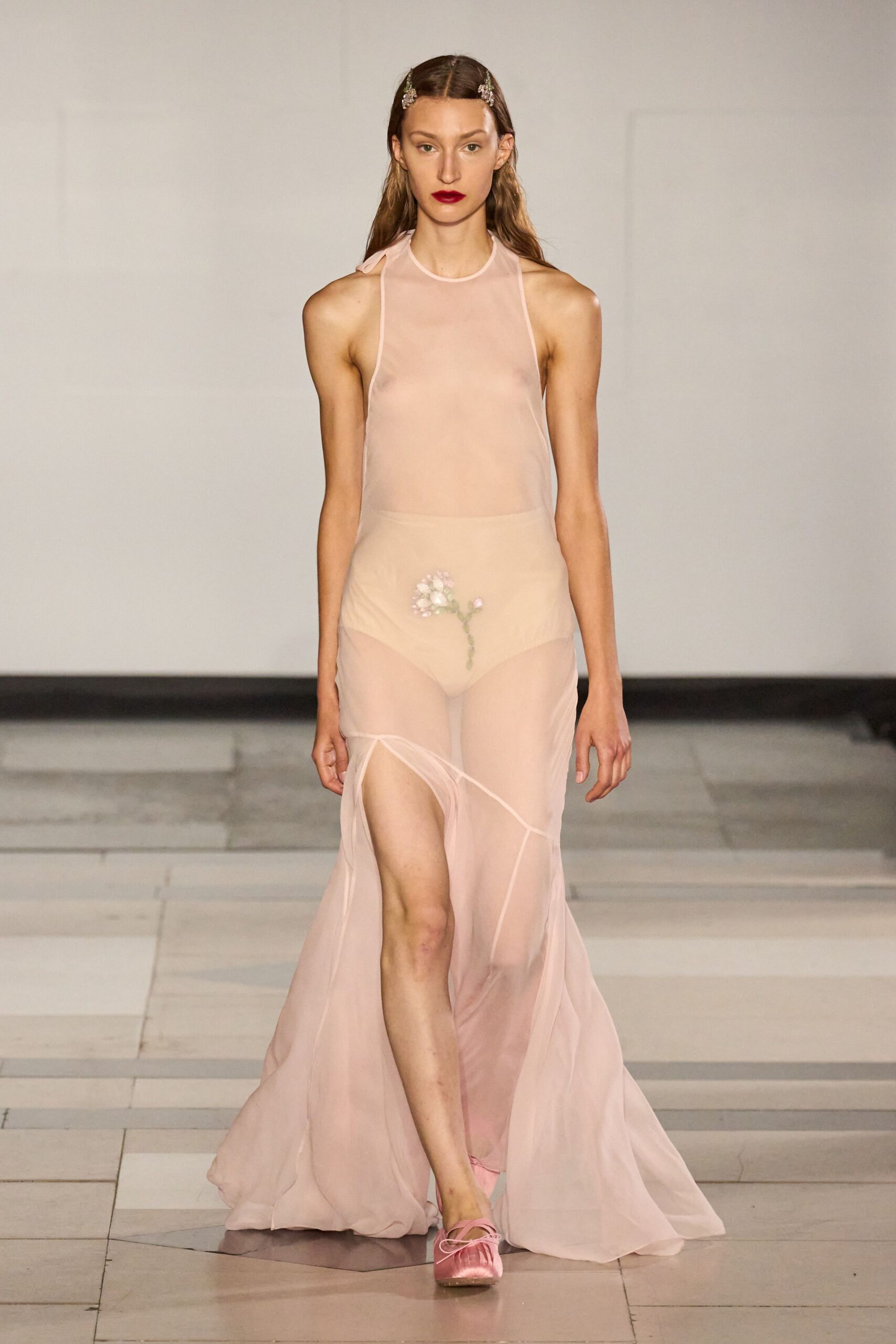 pink chiffon sleeveless high-neck fitted draped gown