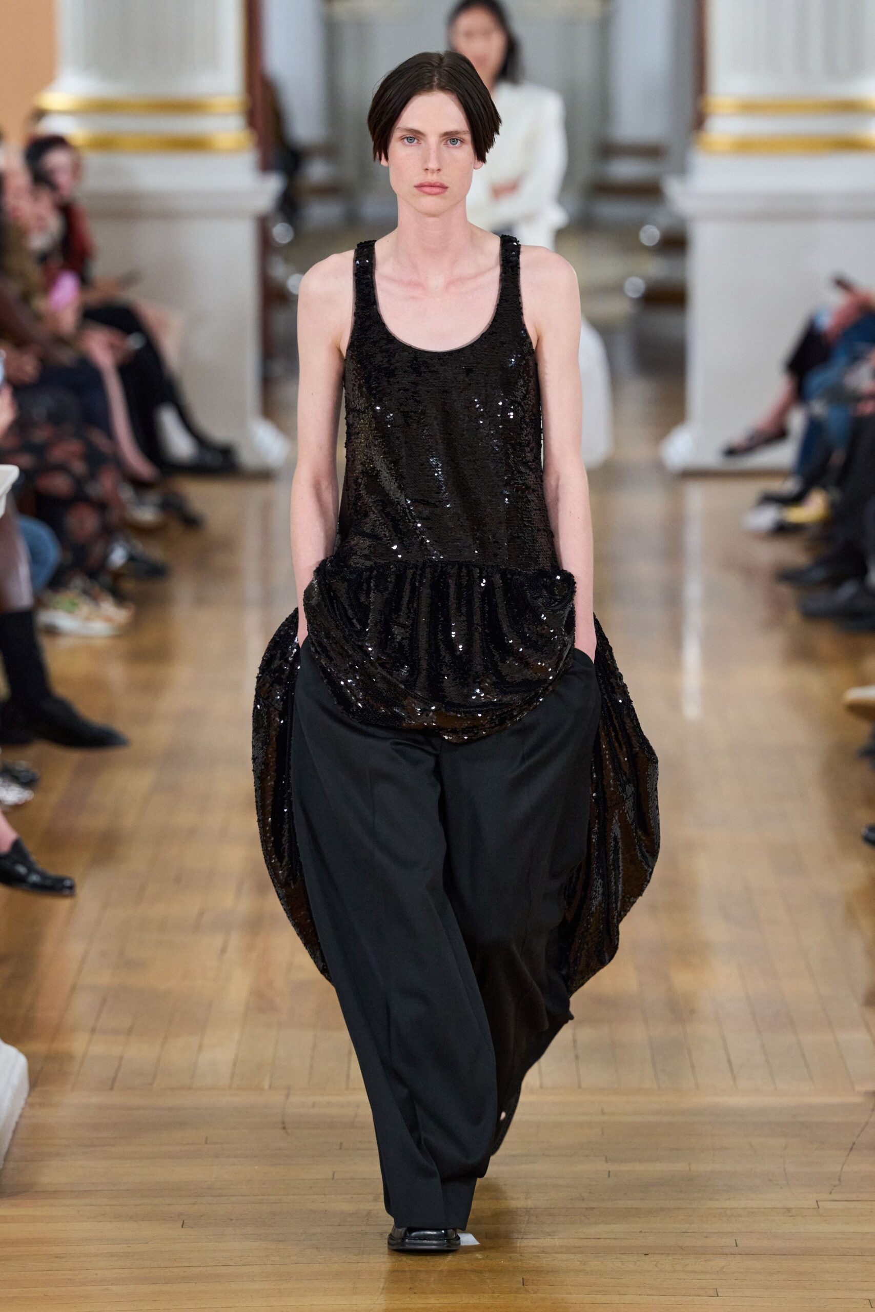 black sequin sleeveless high-neck fitted draped shiny top