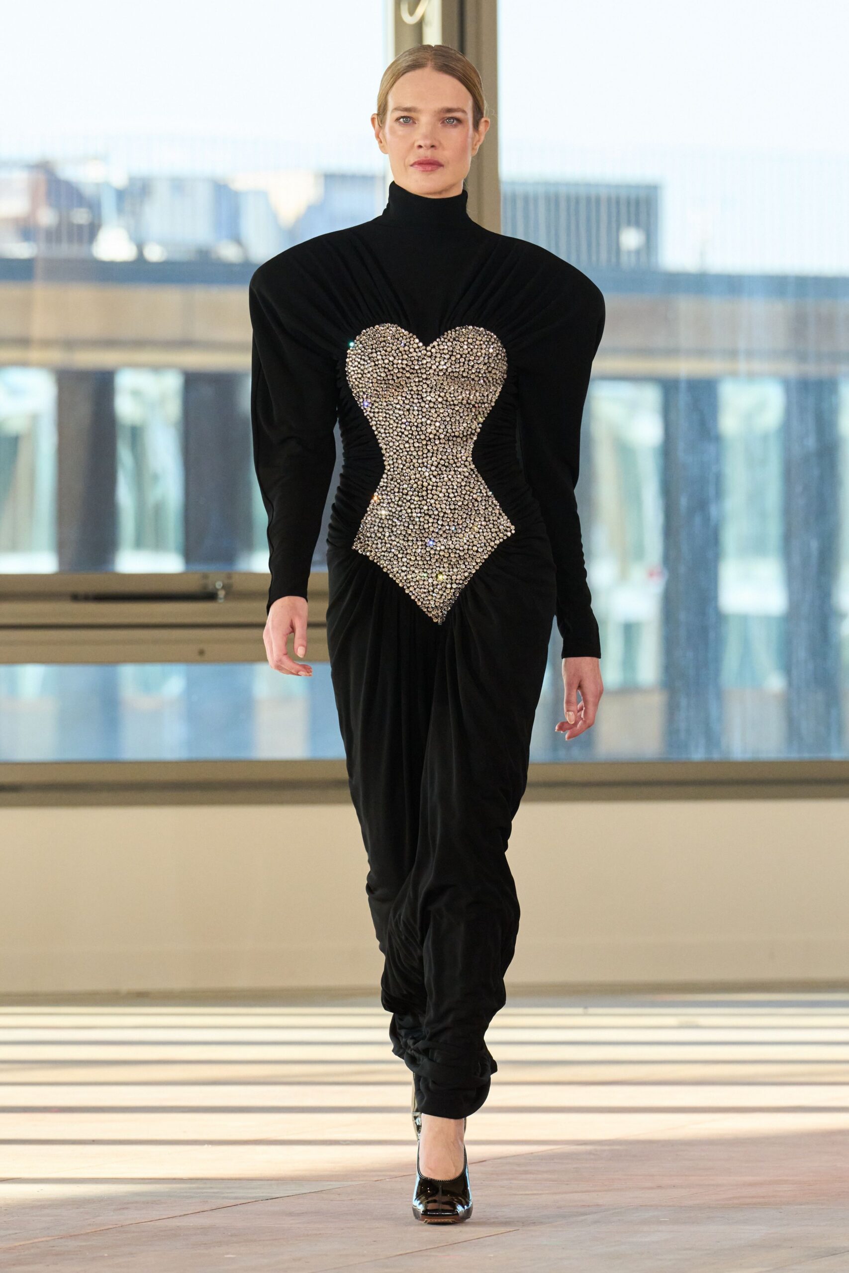 black velvet long-sleeve high-neck fitted embellished jumpsuit